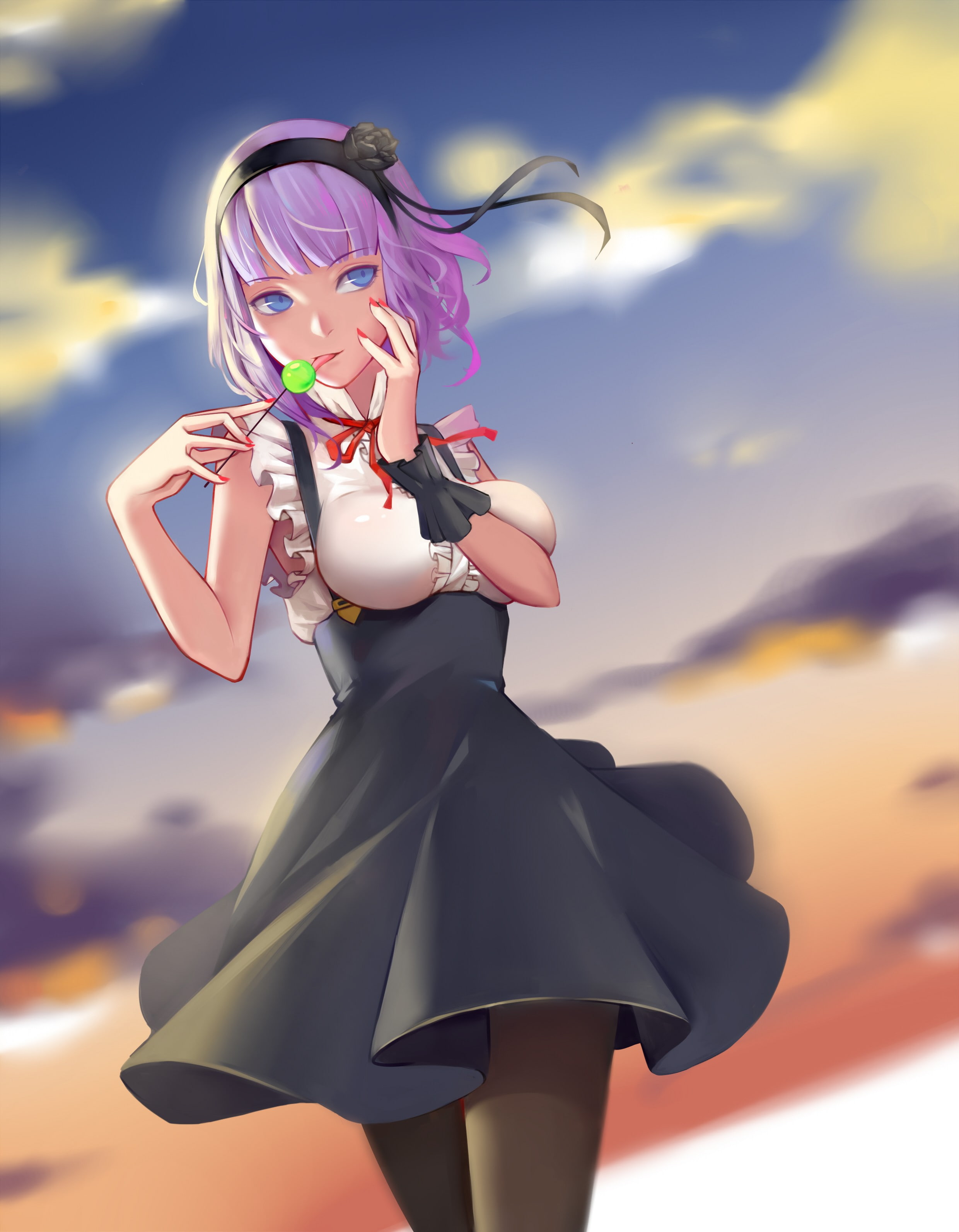 young women, Dagashi Kashi, anime, adult, clothing, beautiful woman, 2K, nature, glamour, females, one person, blue eyes, young adult, fashion model, purple hair, Phone HD Wallpaper