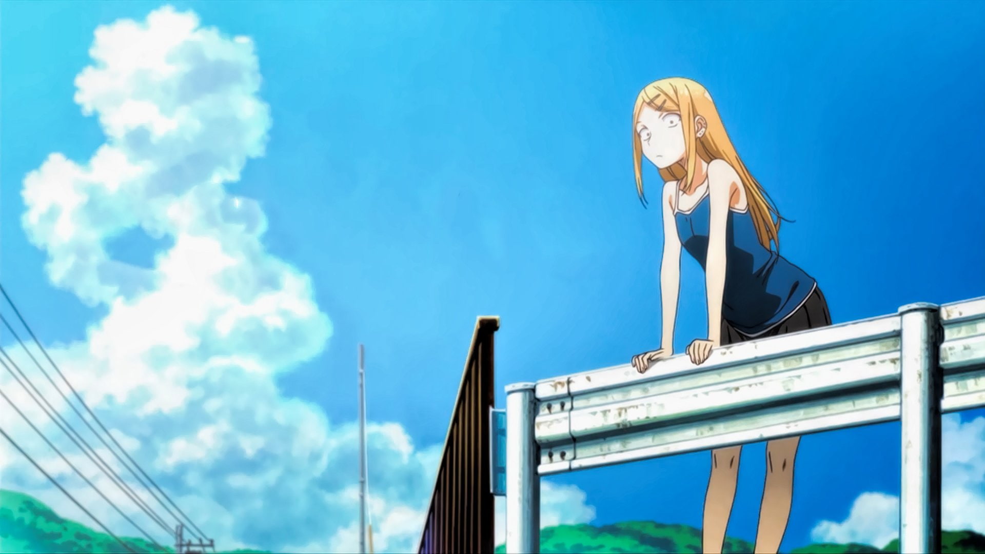 outdoors, Dagashi Kashi, representation, nature, architecture, Endou Saya, cloud - sky, low angle view, art and craft, Anime, blue, 1080P, human body part, HD Wallpaper