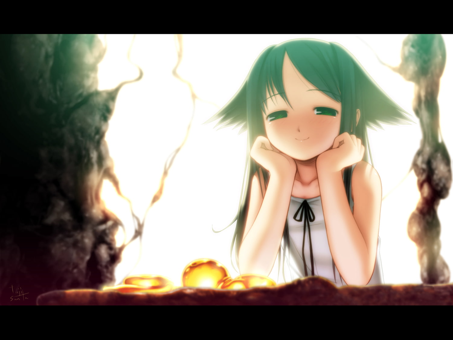 green, ears, long, saya, blush, hair, eyes, animal, uta, 720P, HD Wallpaper