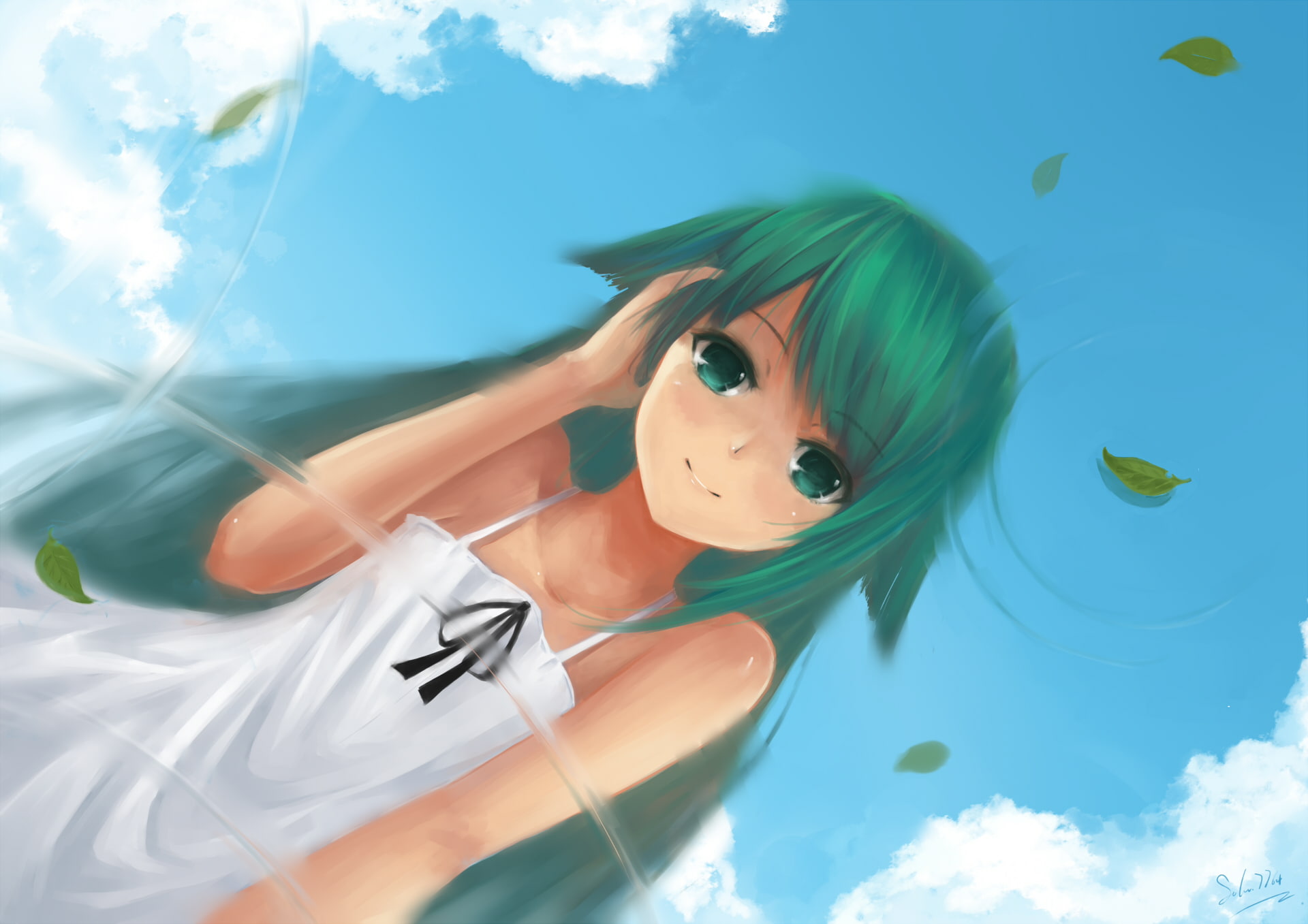 sky, uta, saya, sola7764, eyes, 1080P, hair, green, dress, clouds, HD Wallpaper