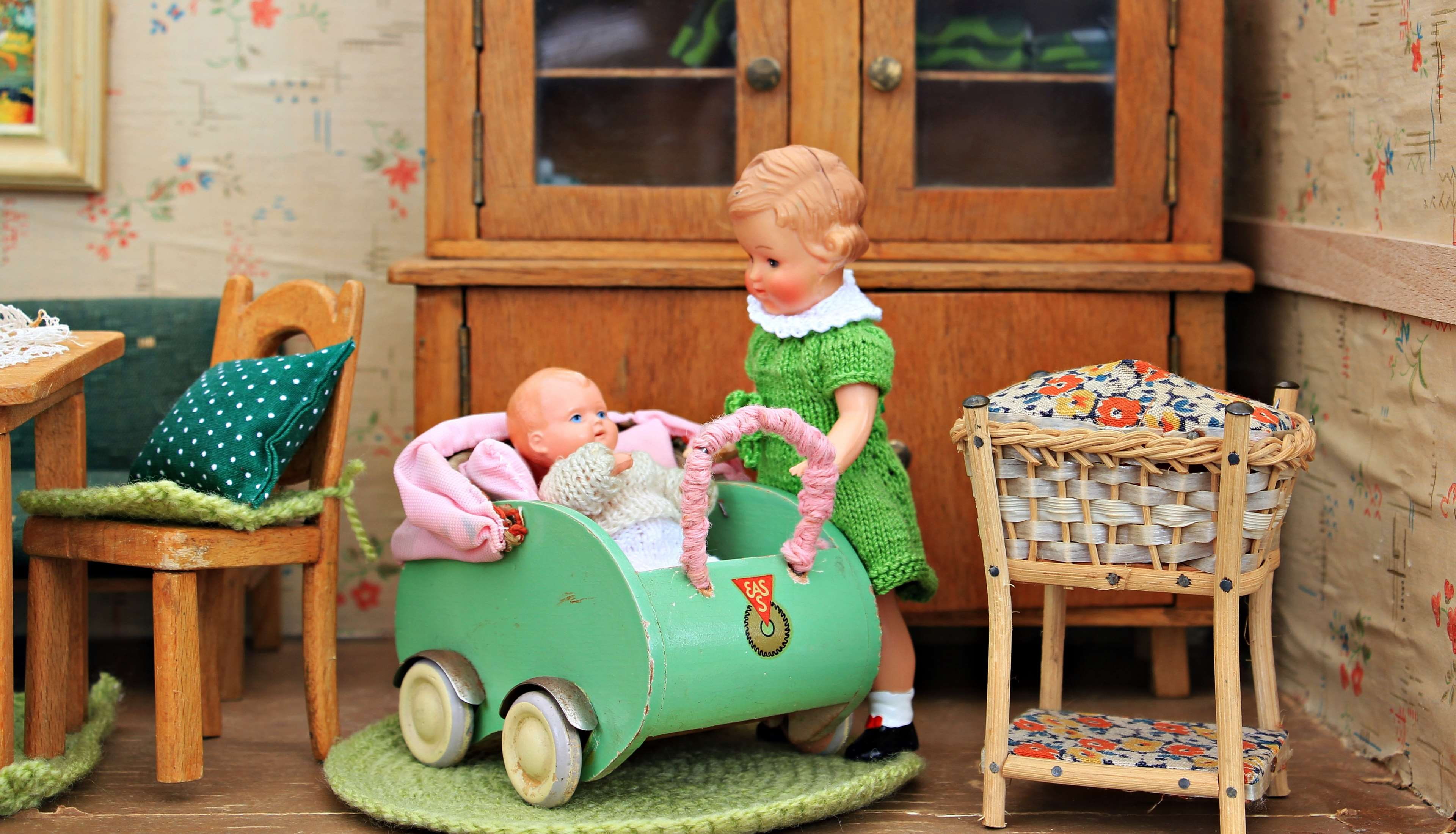 furniture, one person, cabinet, todd, baby, day, girl, table, toy, children, full length, cute, antique, baby carriage, clothing, sitting, doll house, innocence, HD Wallpaper