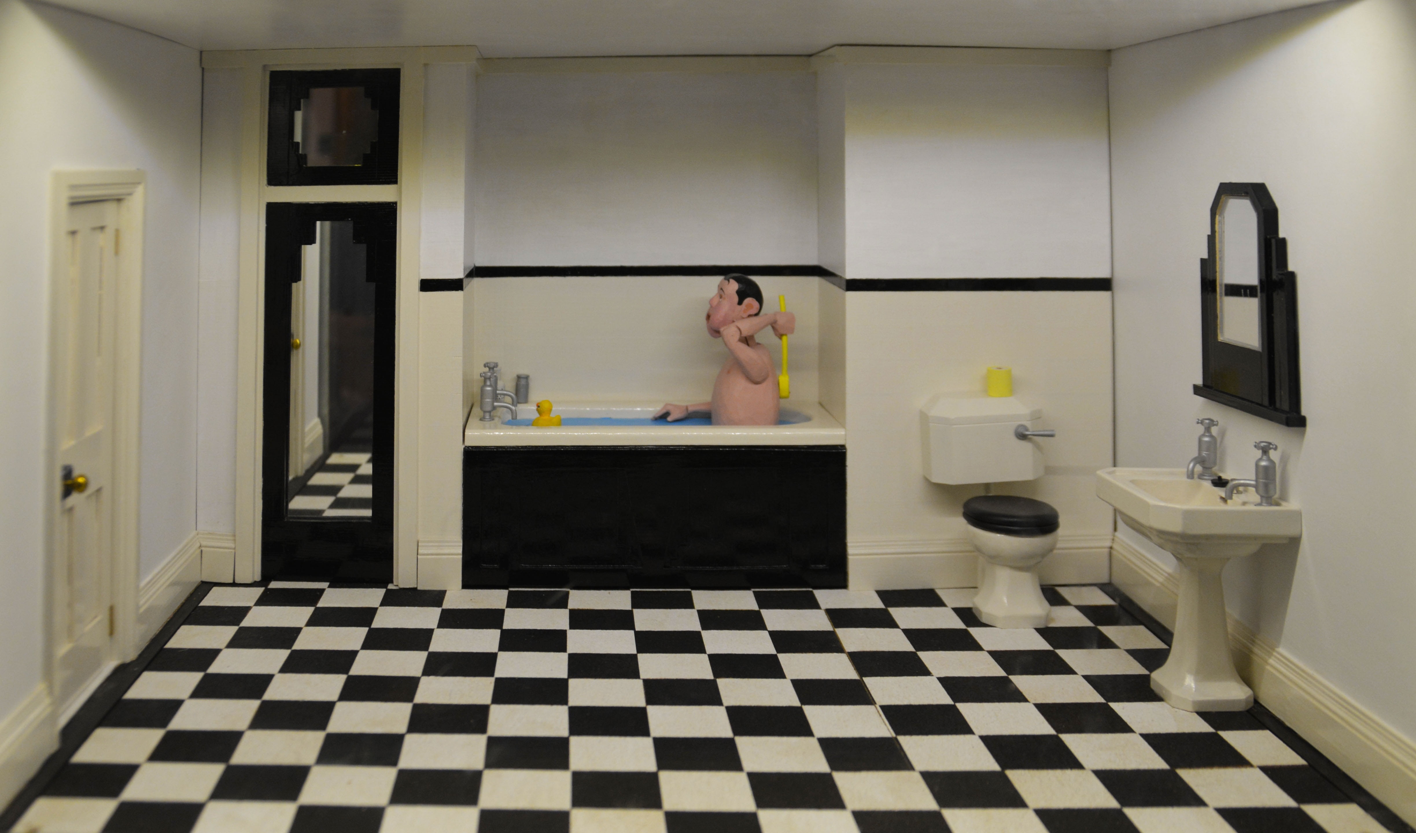 domestic, contemporary, domestic room, play, doll house, domestic Bathroom, home interior, structure, checked pattern, miniature, small, domestic life, HD Wallpaper