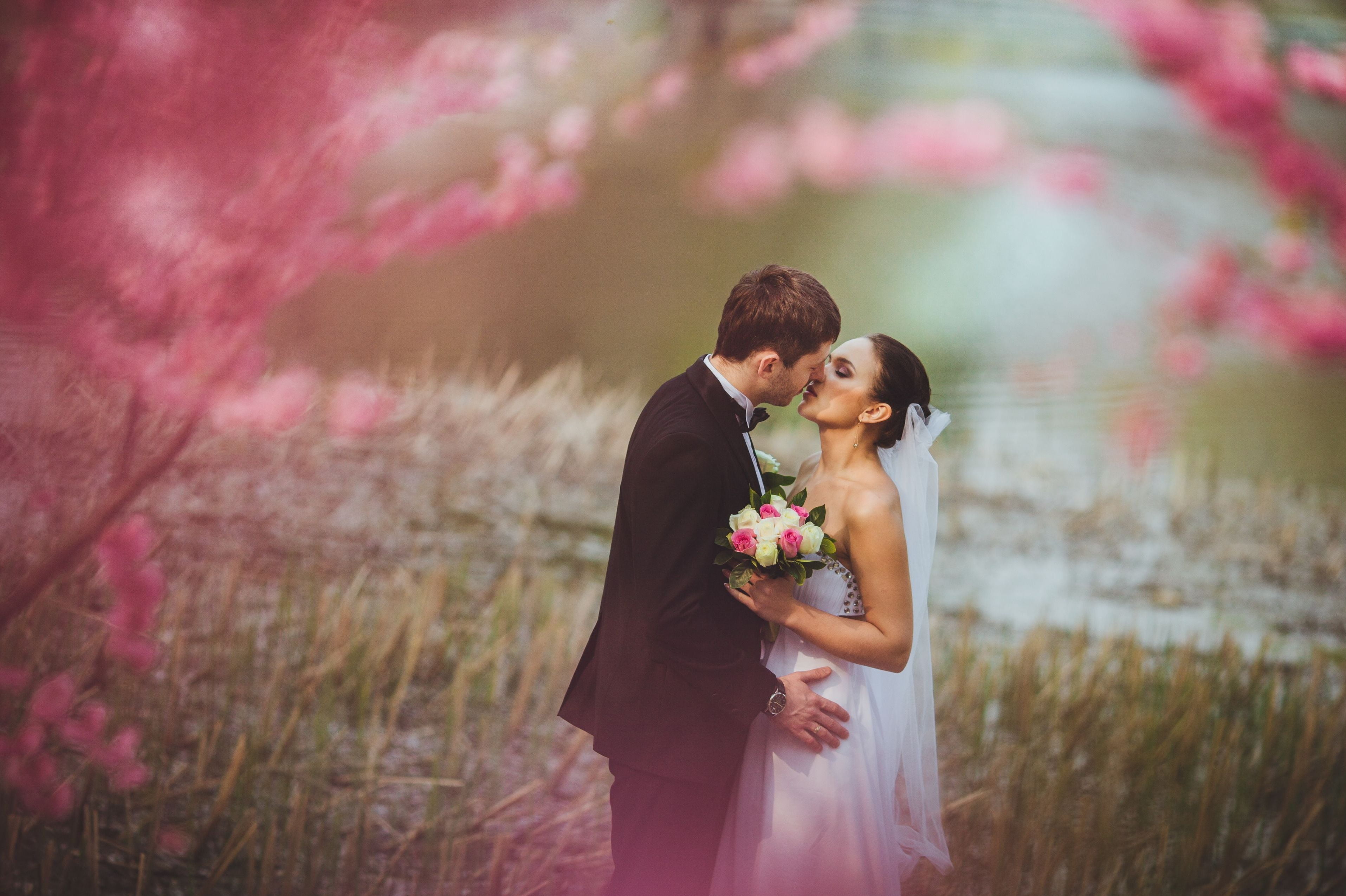 dress, lifestyles, outdoors, pink, celebration, bridegroom, flowers, two people, HD, event, summer, flower arrangement, wife, women, men, love, HD Wallpaper