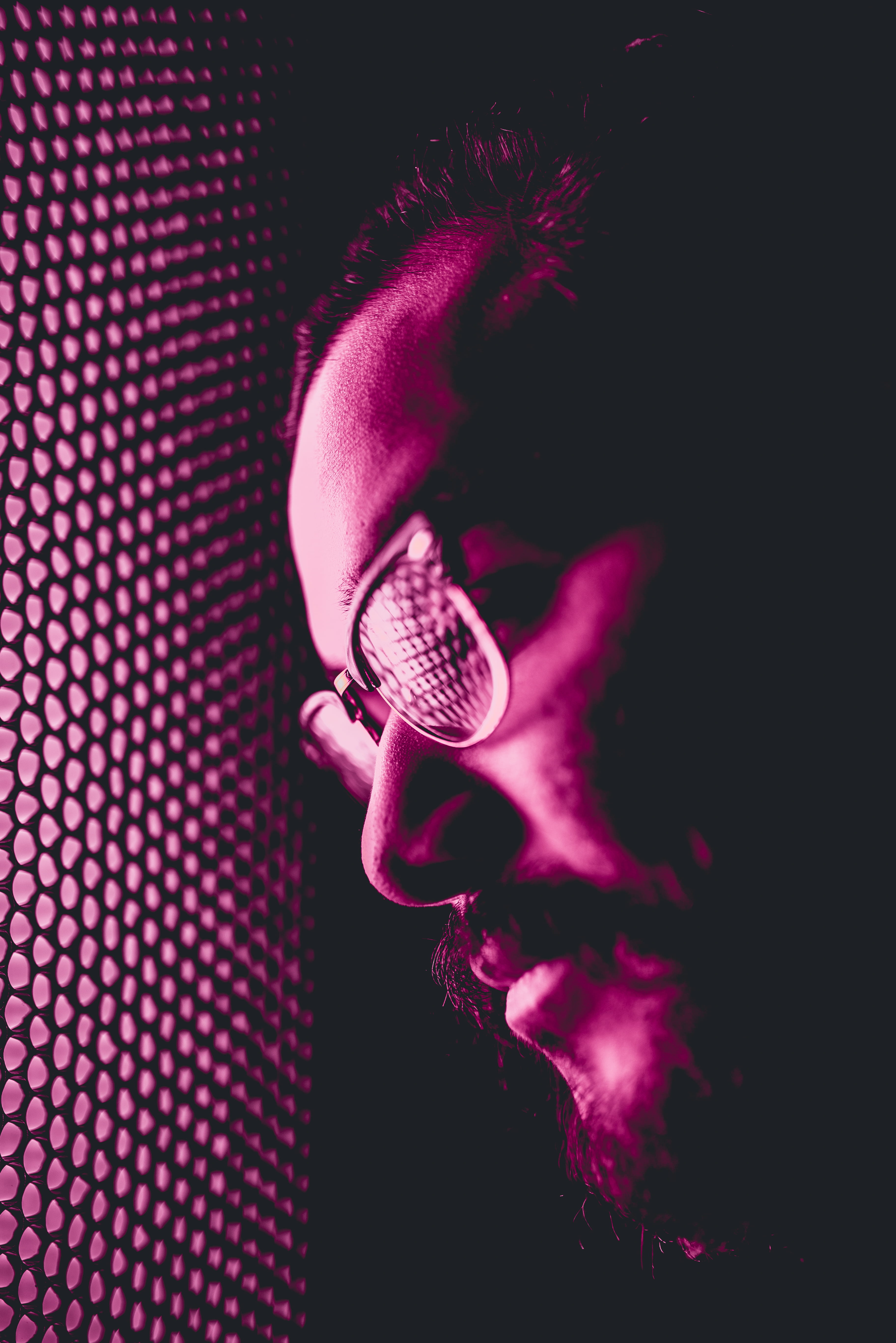 person, purple, portrait, body part, head, spectacles, human body part, pink color, night, beard, one person, pattern, black background, male, close-up, Phone HD Wallpaper