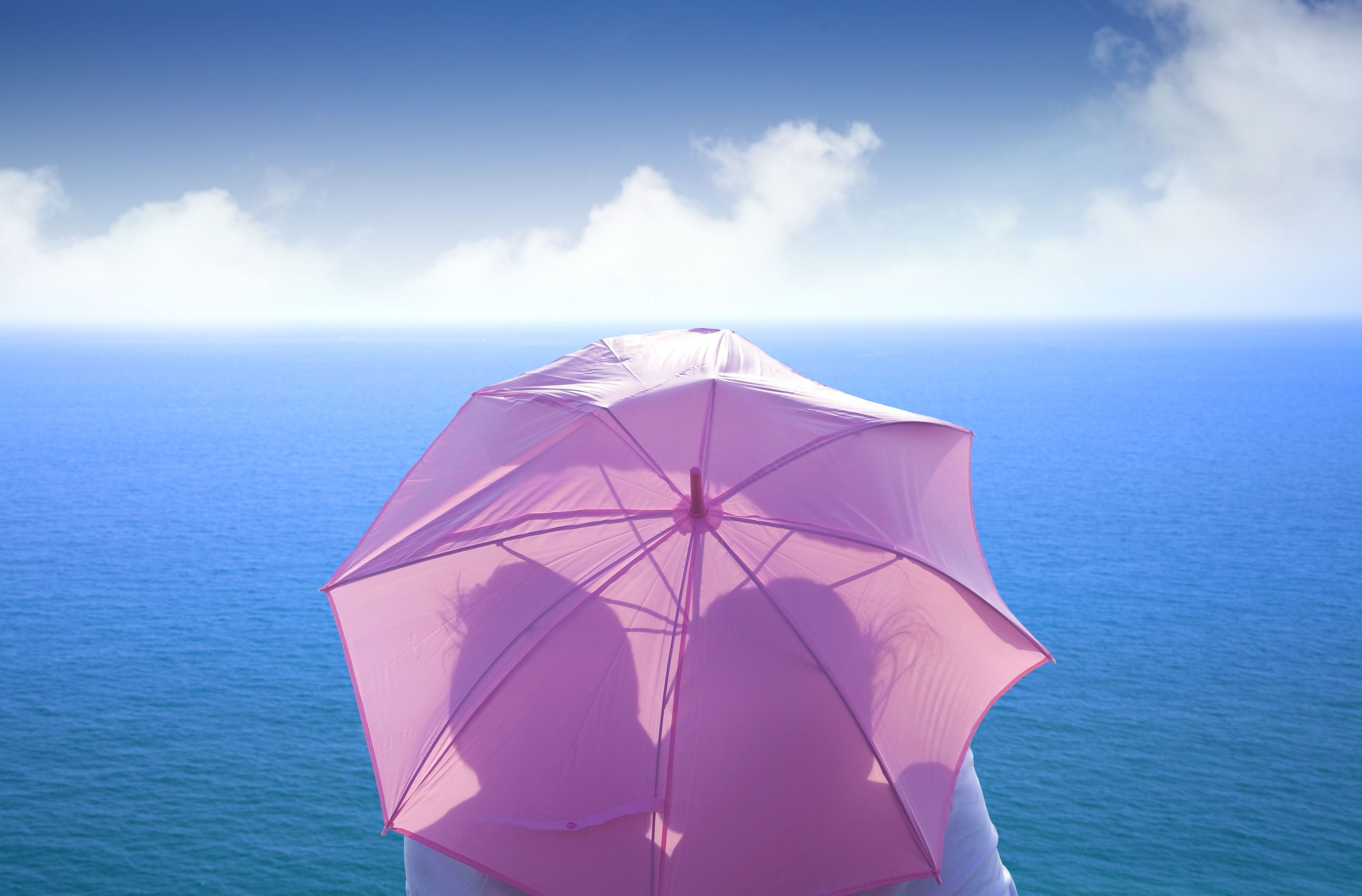 the sky, pink, sky, protection, lovers, horizon over water, guy, scenics - nature, waterfront, love, blue, water, umbrella, mood, tranquility, HD Wallpaper