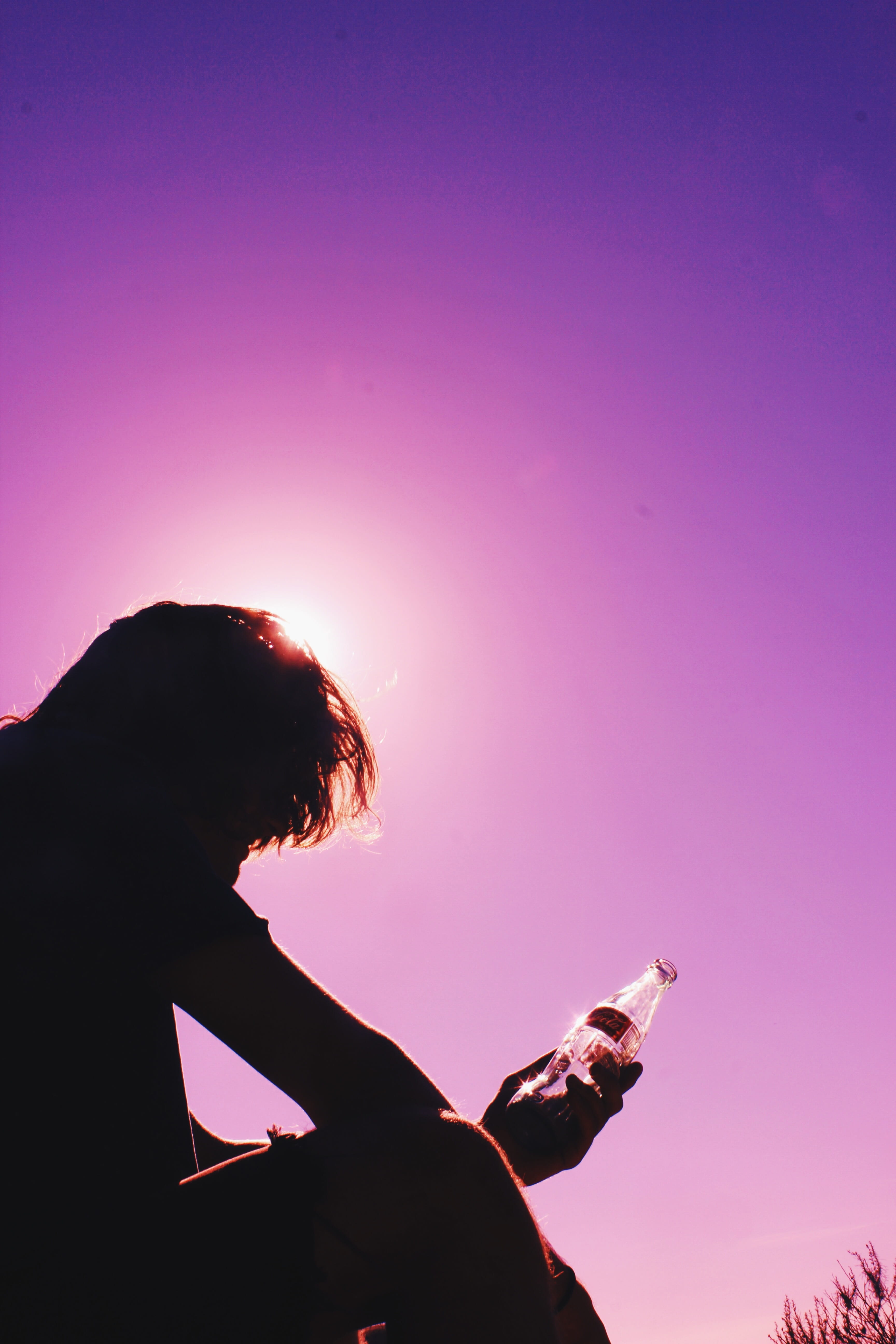 nature, bottle, man, holding, guy, clear sky, sitting, pink, dusk, outdoors, wireless technology, lifestyles, women, silhouette, drinks, people, pink color, Phone HD Wallpaper