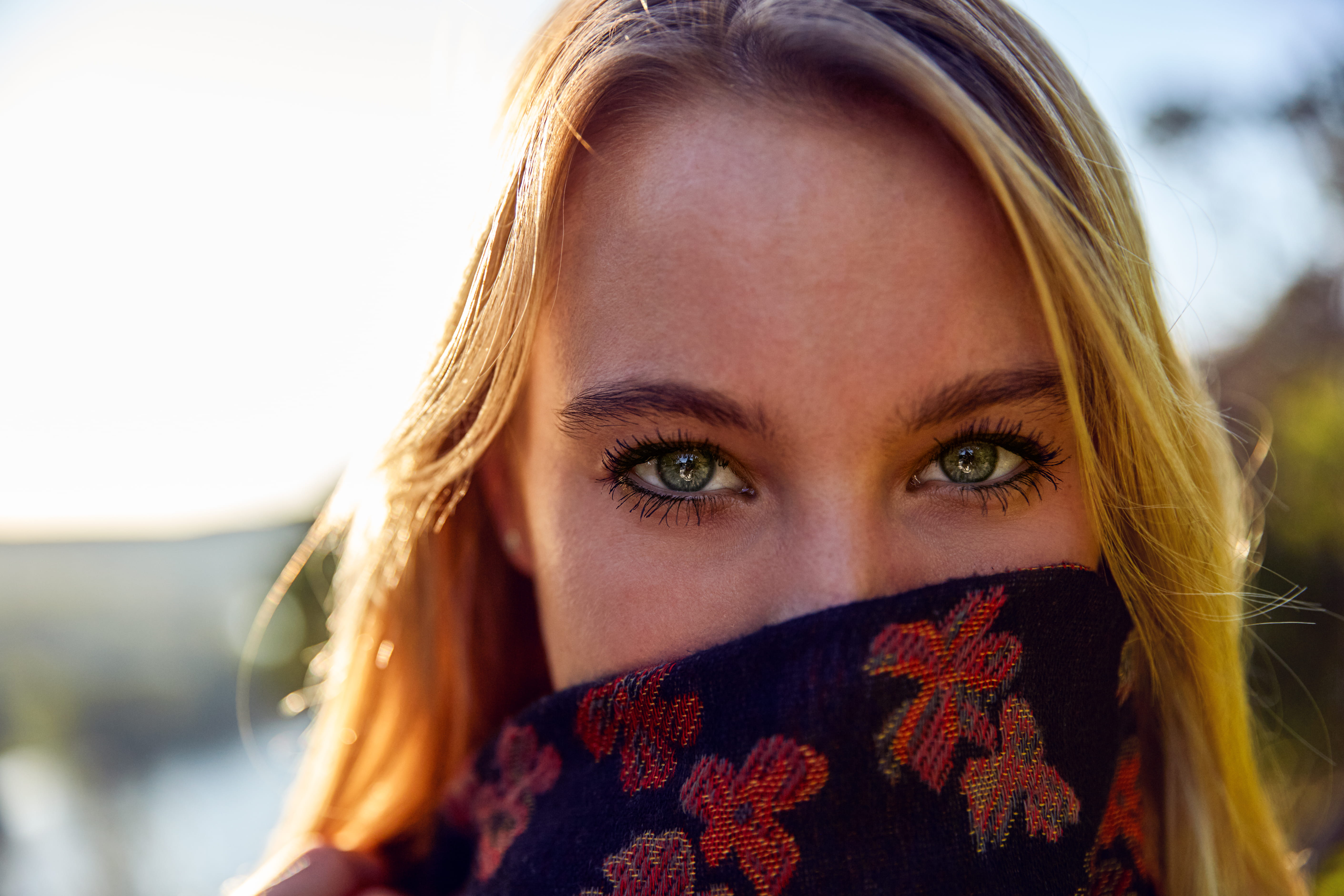 human face, eyes, obscured face, macro, nature, photography, day, looking at camera, apparel, face, silk, young women, hat, young adult, 5K, photo, front view, HD Wallpaper
