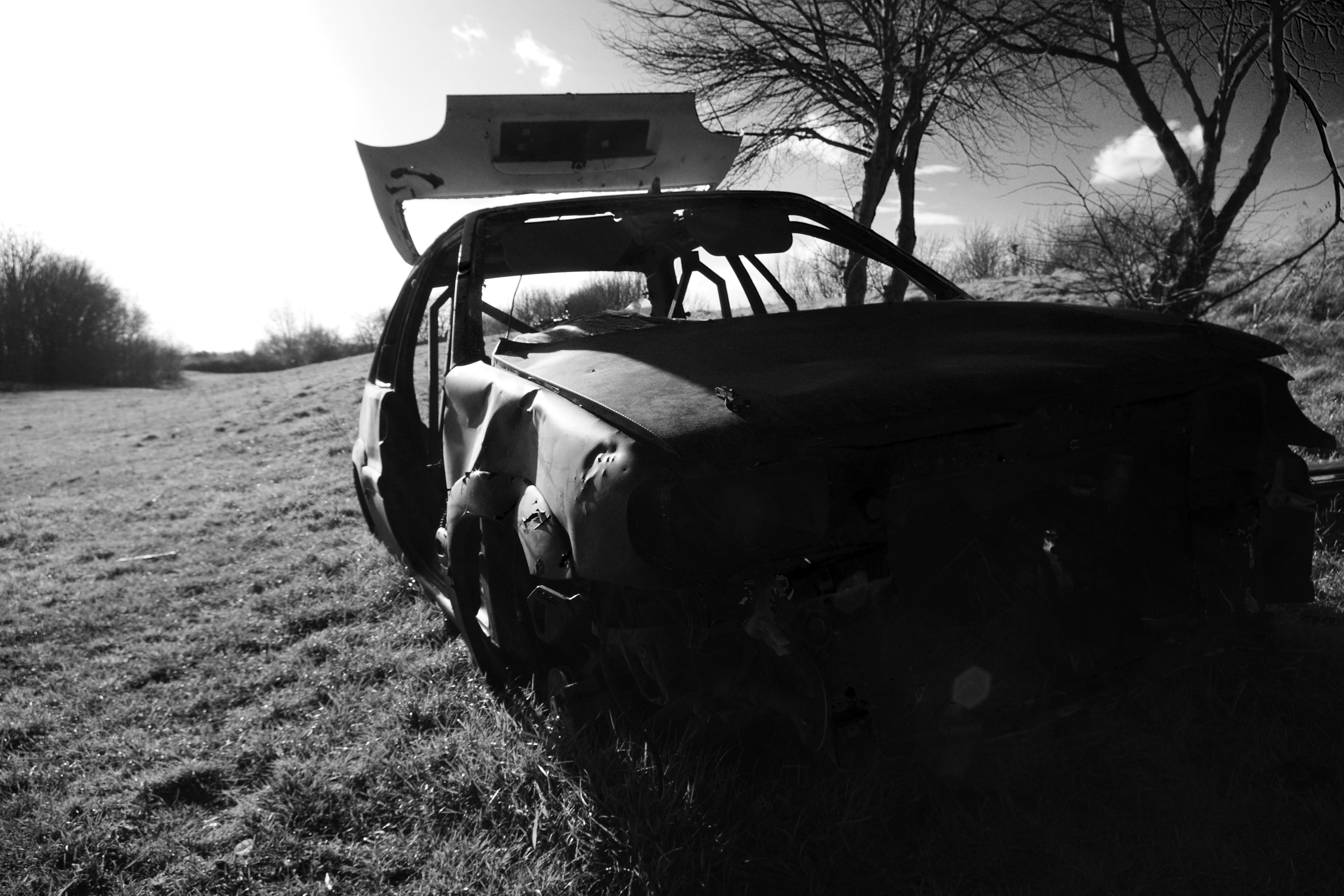 destroyed, Car, tree, obsolete, day, ruined, transportation, field, stationary, wrecked, motor vehicle, land vehicle, wreck, vandals, 5K, Burnt Out, rural scene, HD Wallpaper