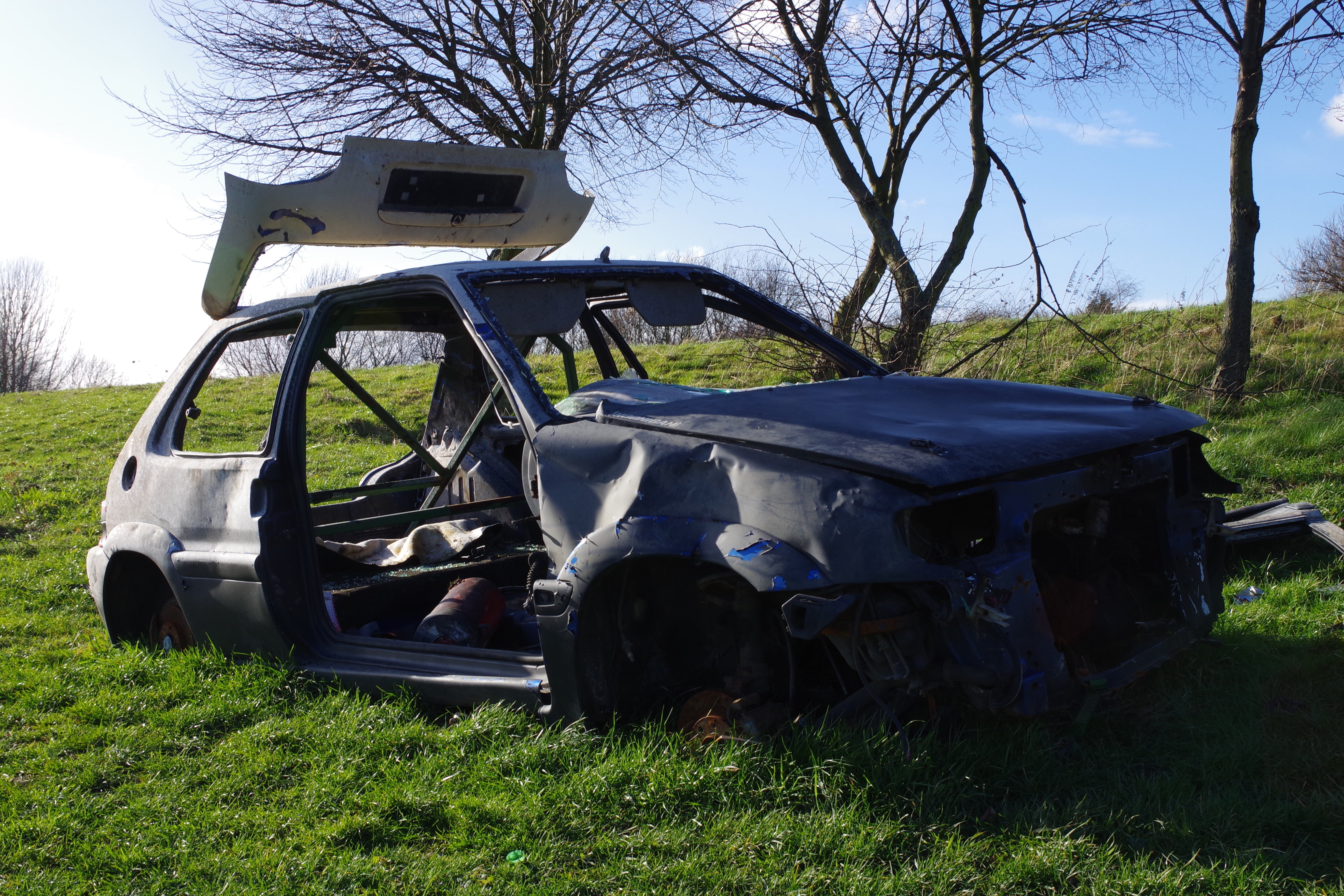 transportation, damaged, london, agricultural machinery, vandalised, vehicle, broken, daytime, near, bare tree, dumped, burnt out, thamesmead, land, field, HD Wallpaper
