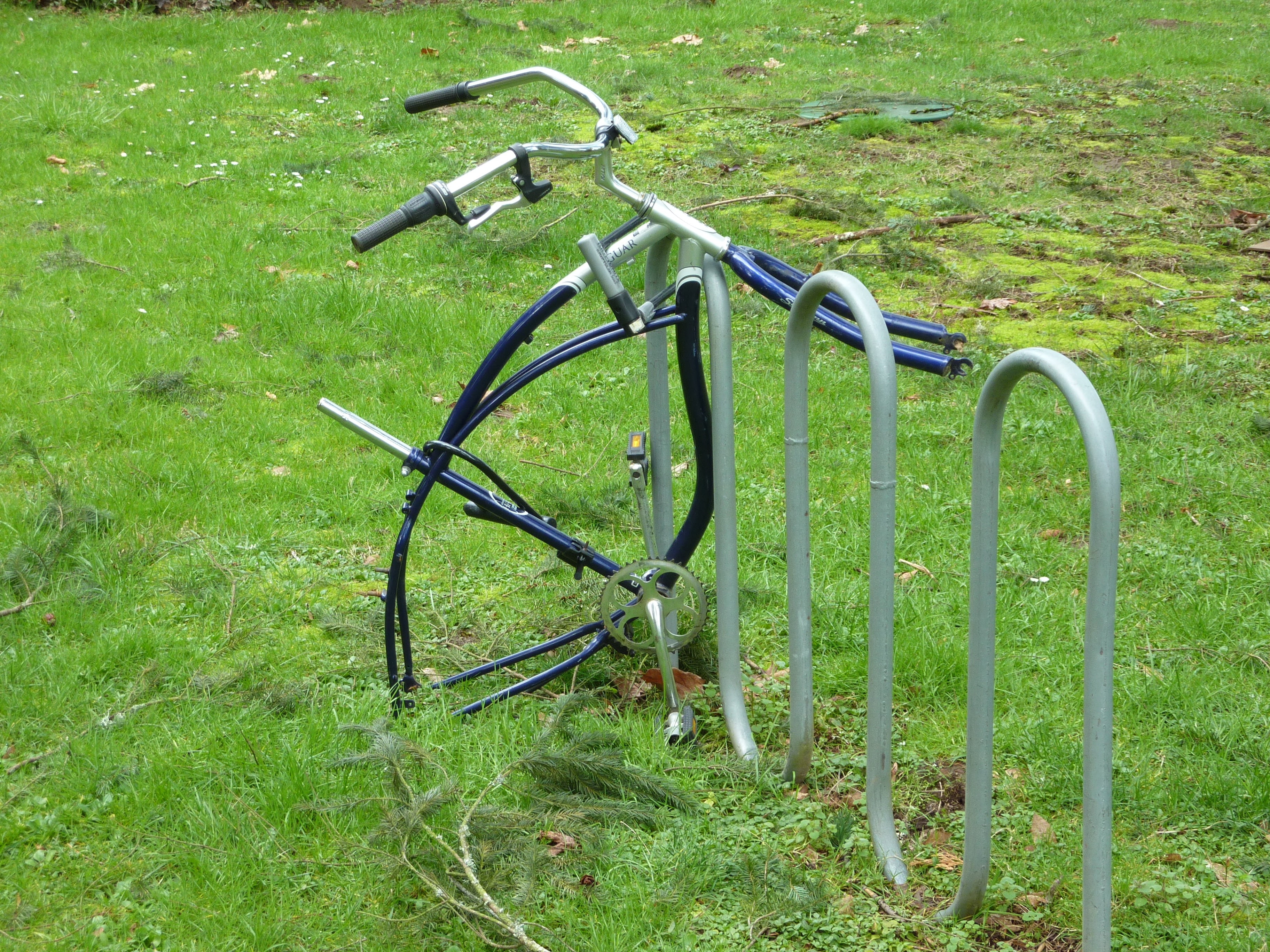 parking, sad, park, safe, metal, 2K, wheel, growth, missing, secure, land vehicle, protection, locked, bicycle rack, green color, security, high angle view, HD Wallpaper