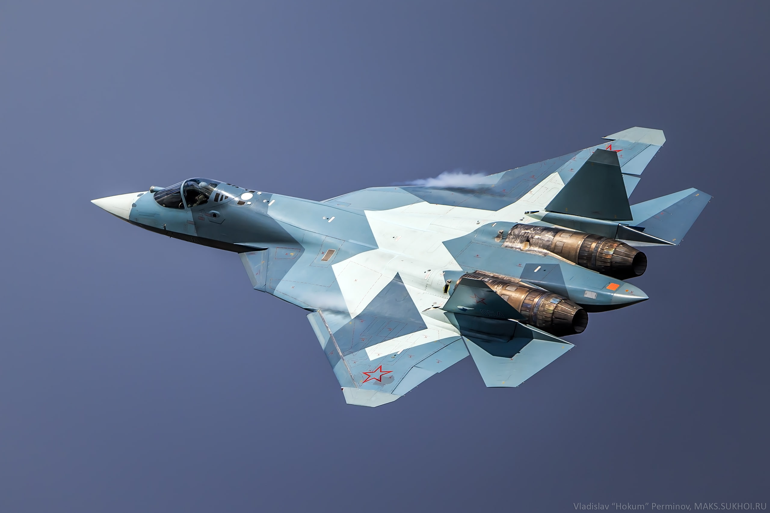 on the move, air vehicle, blue, airplane, motion, blue background, studio shot, transportation, military, mid-air, 2K, Sukhoi PAK FA, copy space, no people, HD Wallpaper