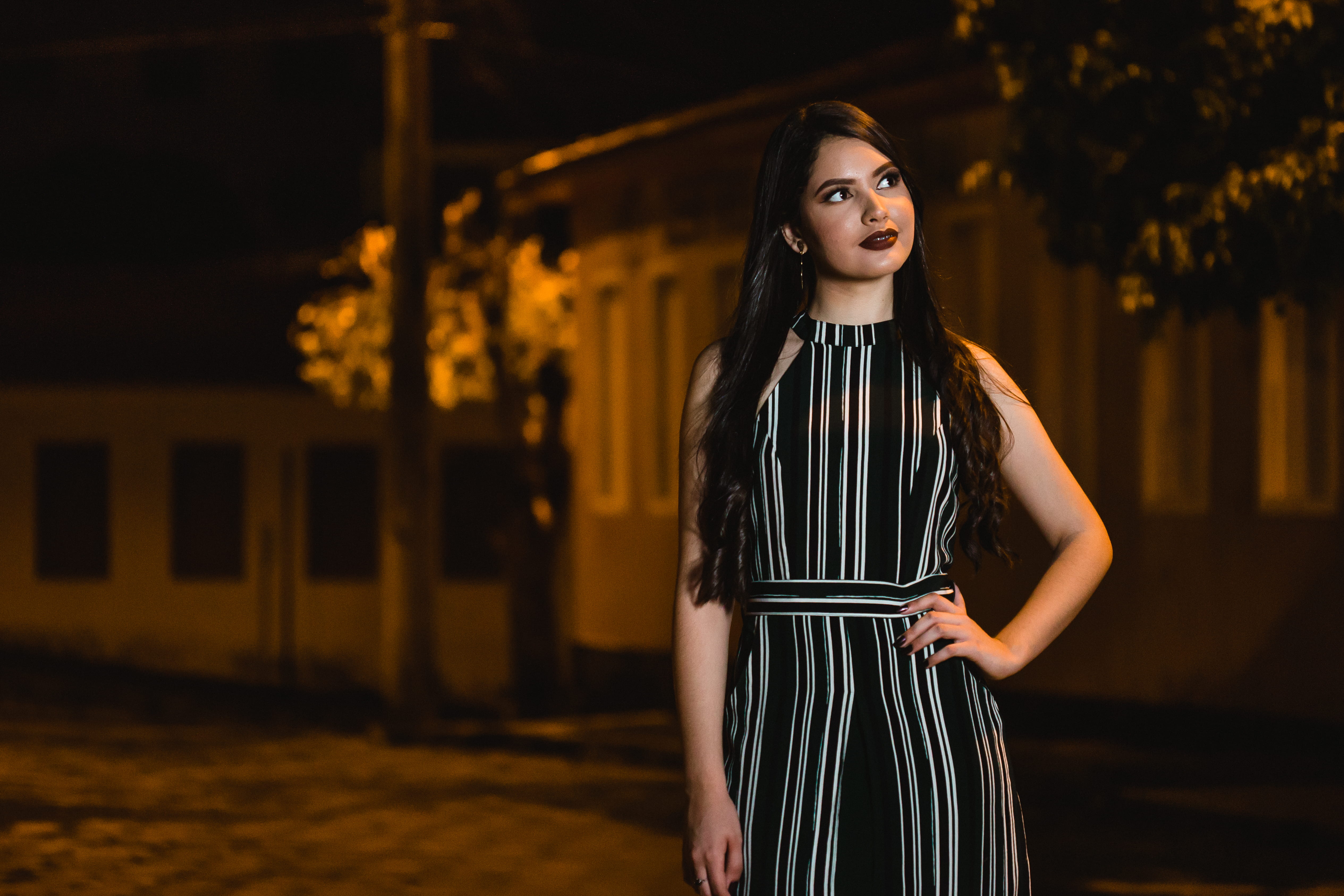 street, fashionable, sleeveless, contemplation, black, fashion, adult, night, model, glamour, hairstyle, pose, one person, women, person, beauty, urban, HD Wallpaper