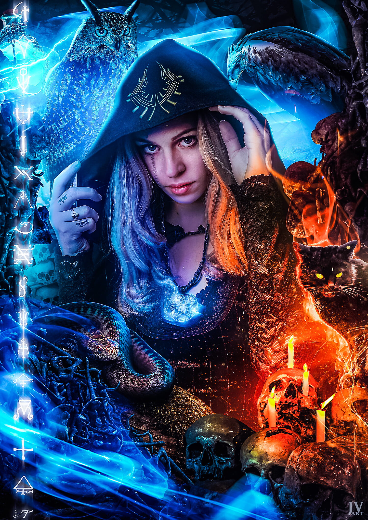 magic, cats, 1080P, Jan Verner, blonde, Photoshop, snake, skull, hood, candles, women, photo manipulation, neon, Phone HD Wallpaper