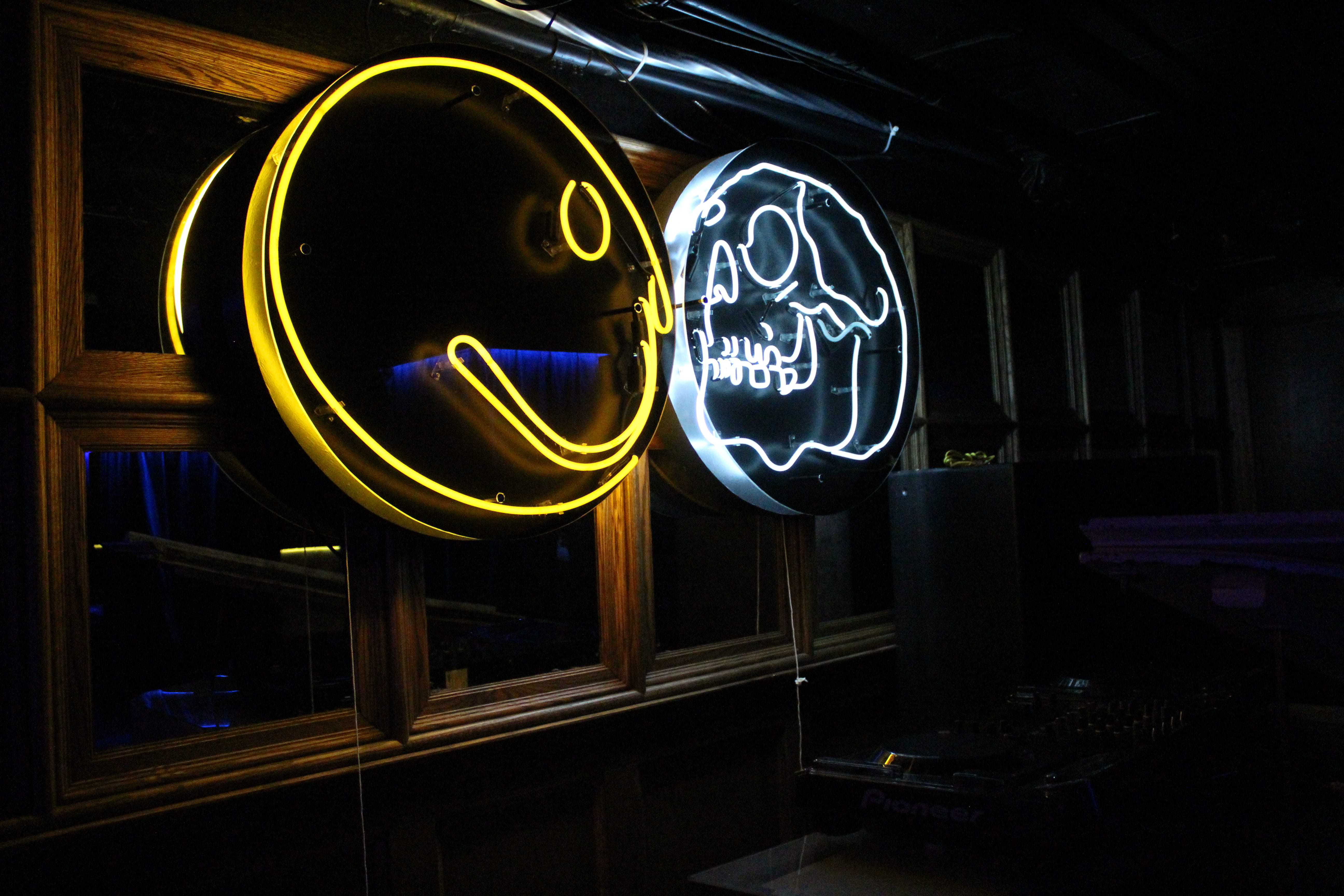 two, signages, geometric shape, light - natural phenomenon, led, window, neon, circle, dark, glass, 5K, night, lighted, sign, purple, single word, text, HD Wallpaper