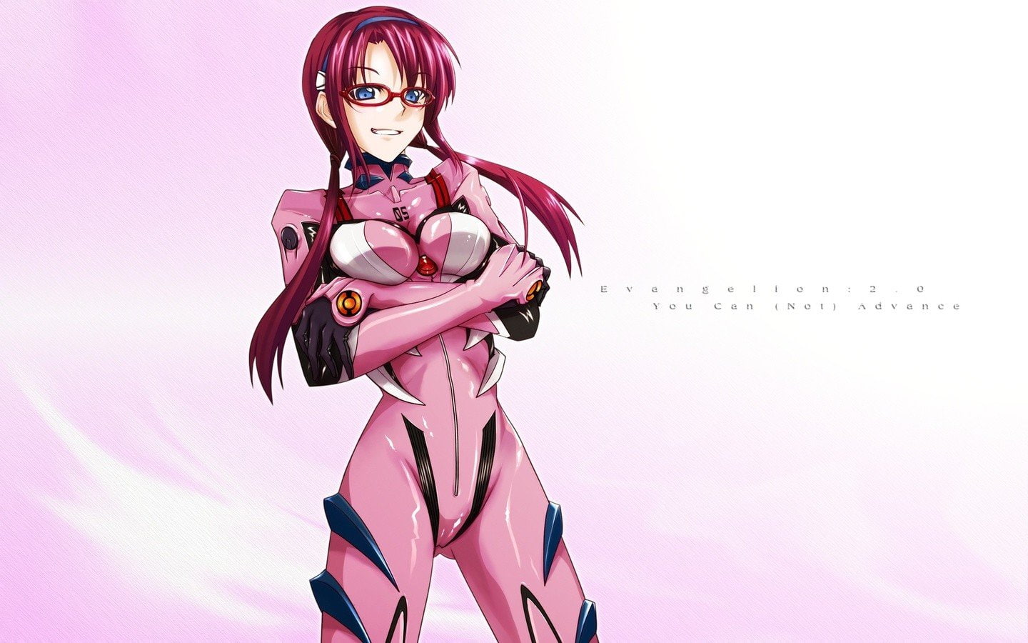 twintails, anime, 720P, Pink Background, smiling, Standing, blue eyes, Makinami Mari Illustrious, Glasses, redhead, Neon Genesis Evangelion, Anime Girls, HD Wallpaper