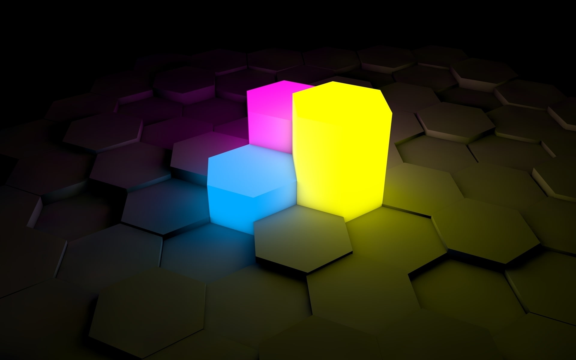 hexagons, figurines, lights, yellow, 1080P, neon, three, pink, lighted, surface, illustration, blue, HD Wallpaper