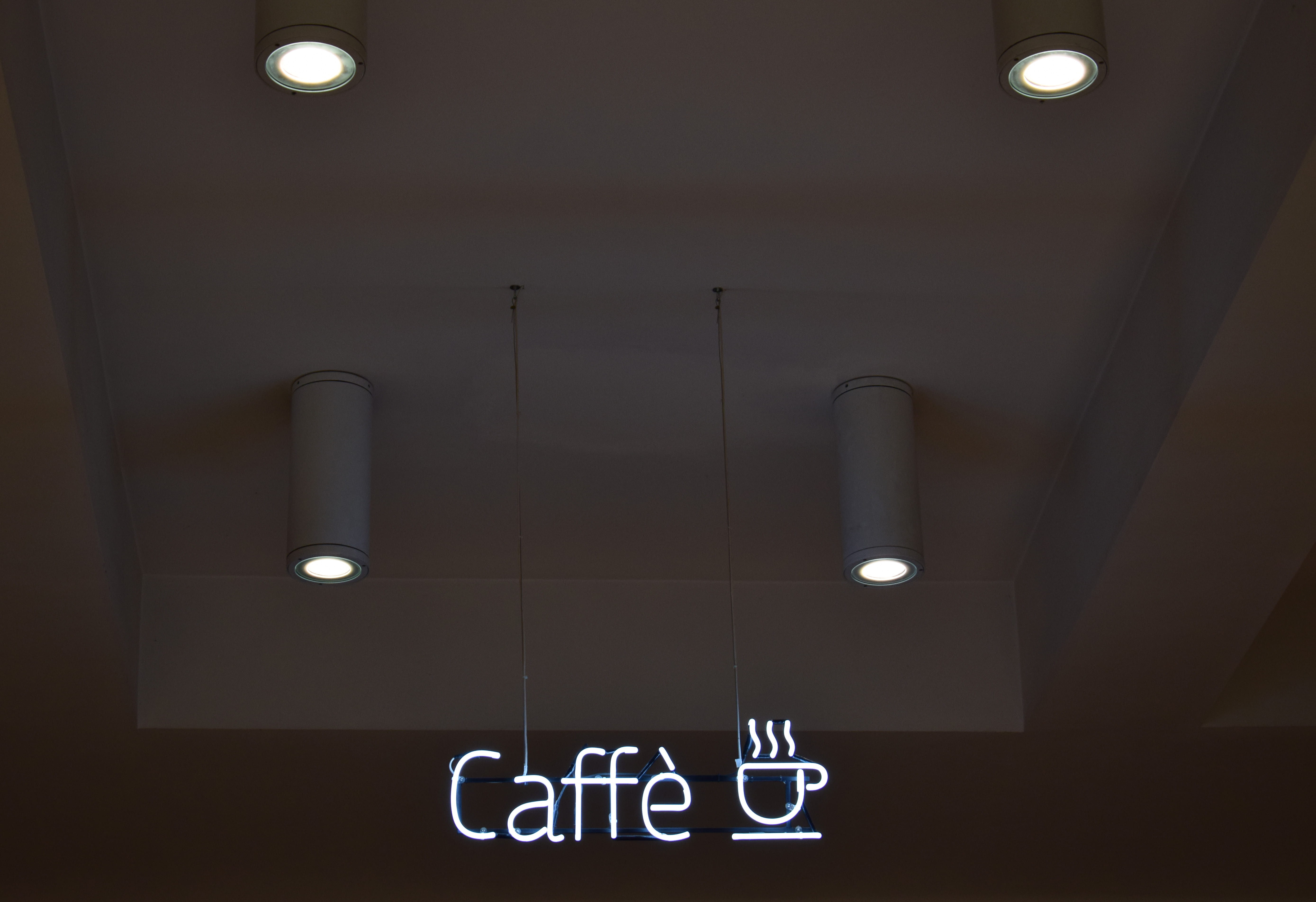 sign, 5K, built structure, night, neon, communication, electric lamp, cafe, western script, wall - building feature, coffee, word, caffe, white color, HD Wallpaper