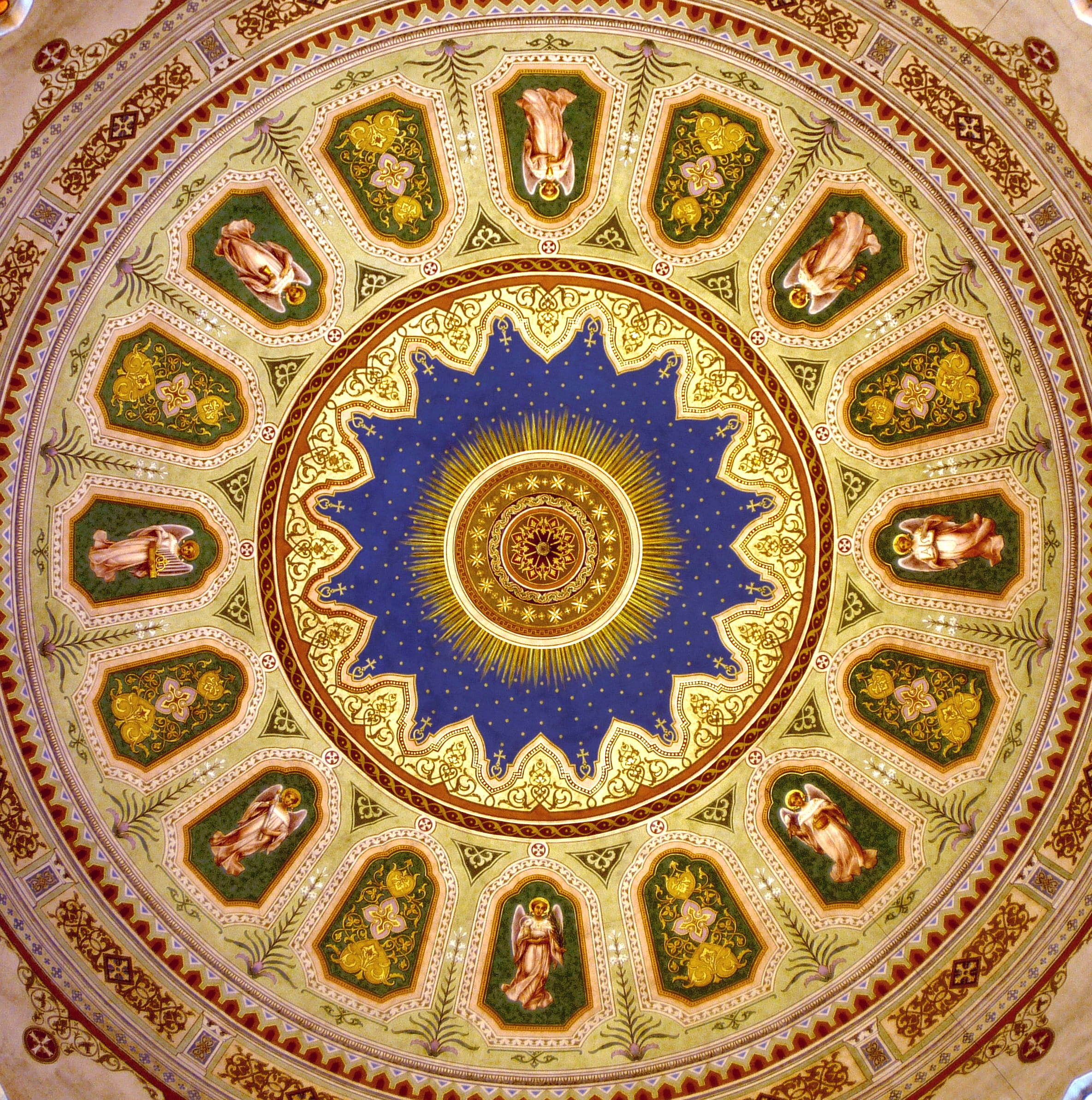 design, 1080P, mosque of pasha qasim, multi colored, colors, colours, rug, religion, pattern, cupola, ceiling, catholic, floral pattern, belief, green, Phone HD Wallpaper