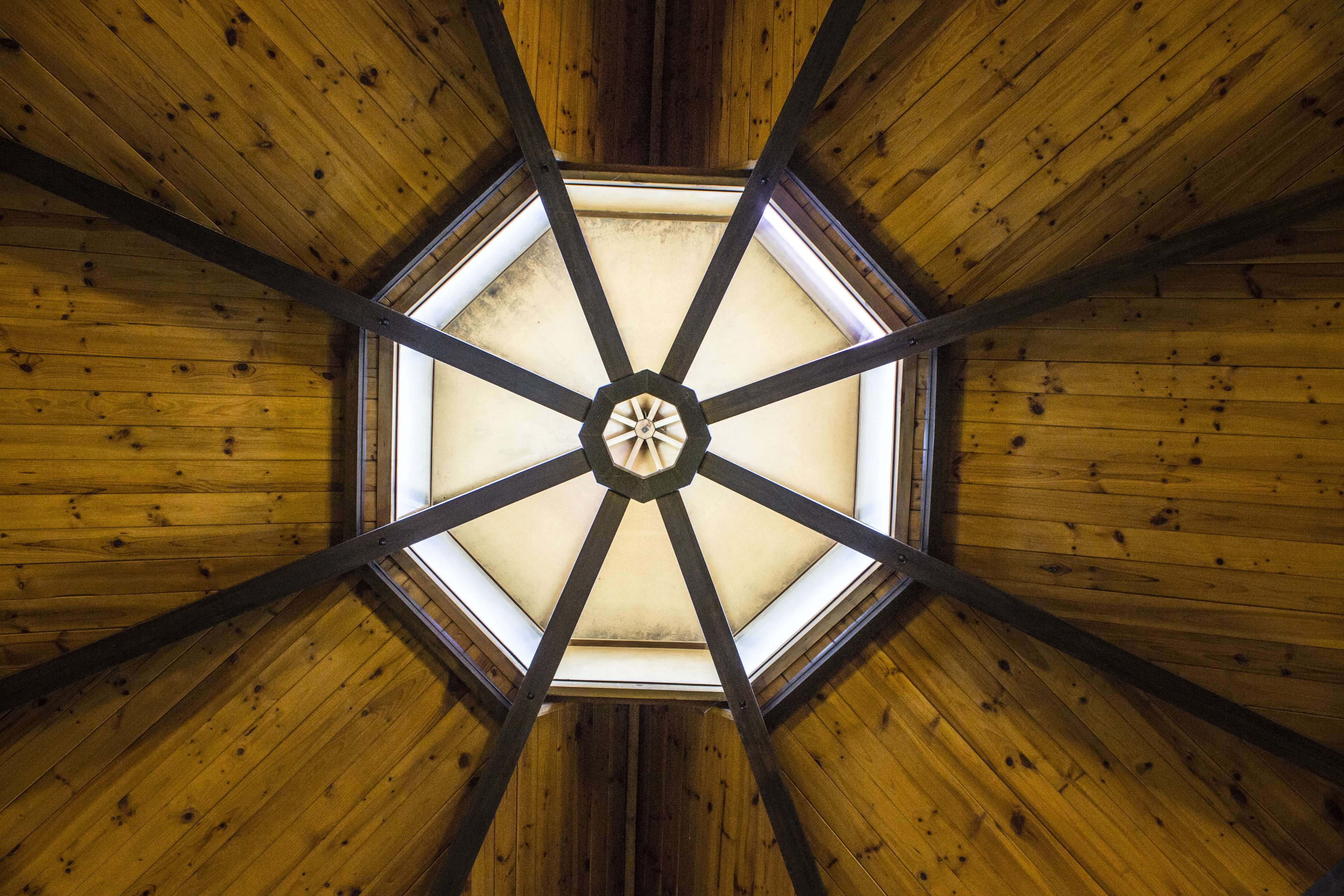 architecture, indoors, design, building, wall - building feature, wood, home interior, ceiling, wood - material, window, ornate, lights, hexagon, pattern, HD Wallpaper