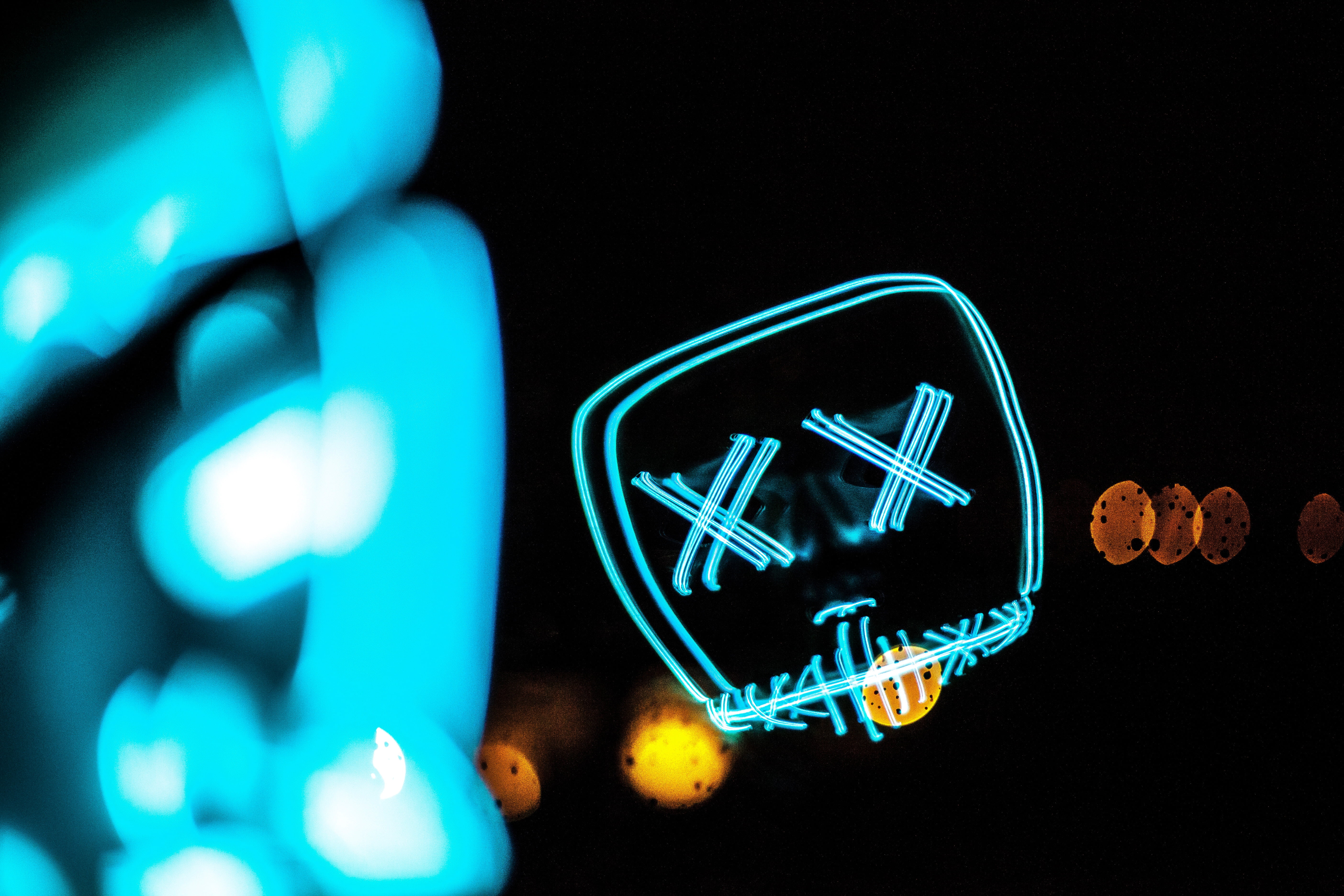 sign, neon lights, lights, mask, blue, dark, cyan, pattern, 5K, skull, bokeh, night, ghost, HD Wallpaper