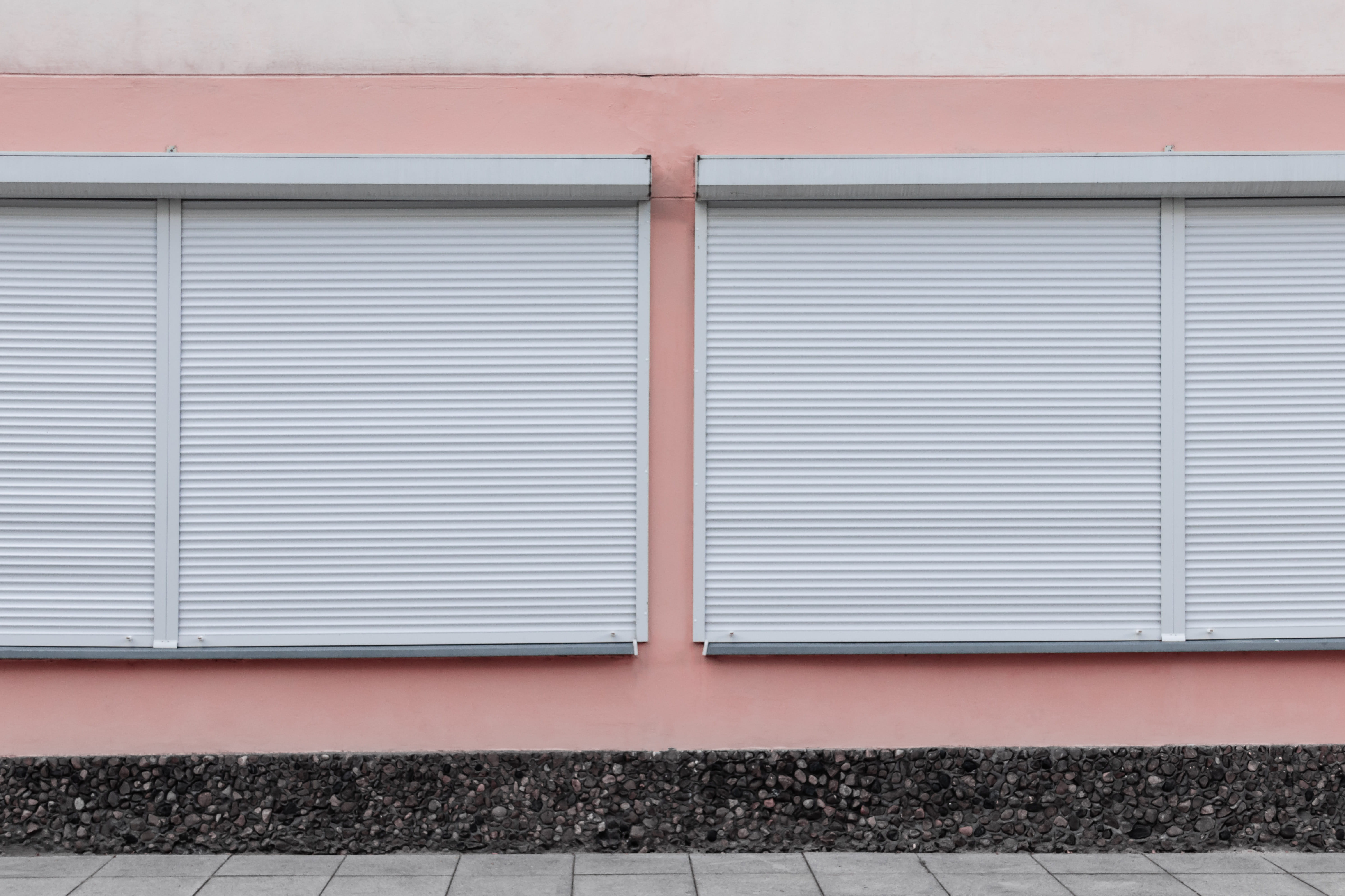 building Exterior, shutter, sidewalk, window, wall, facade, pattern, no People, blinds, street, urban, closed, garage, symmetry, built Structure, 5K, modern, HD Wallpaper