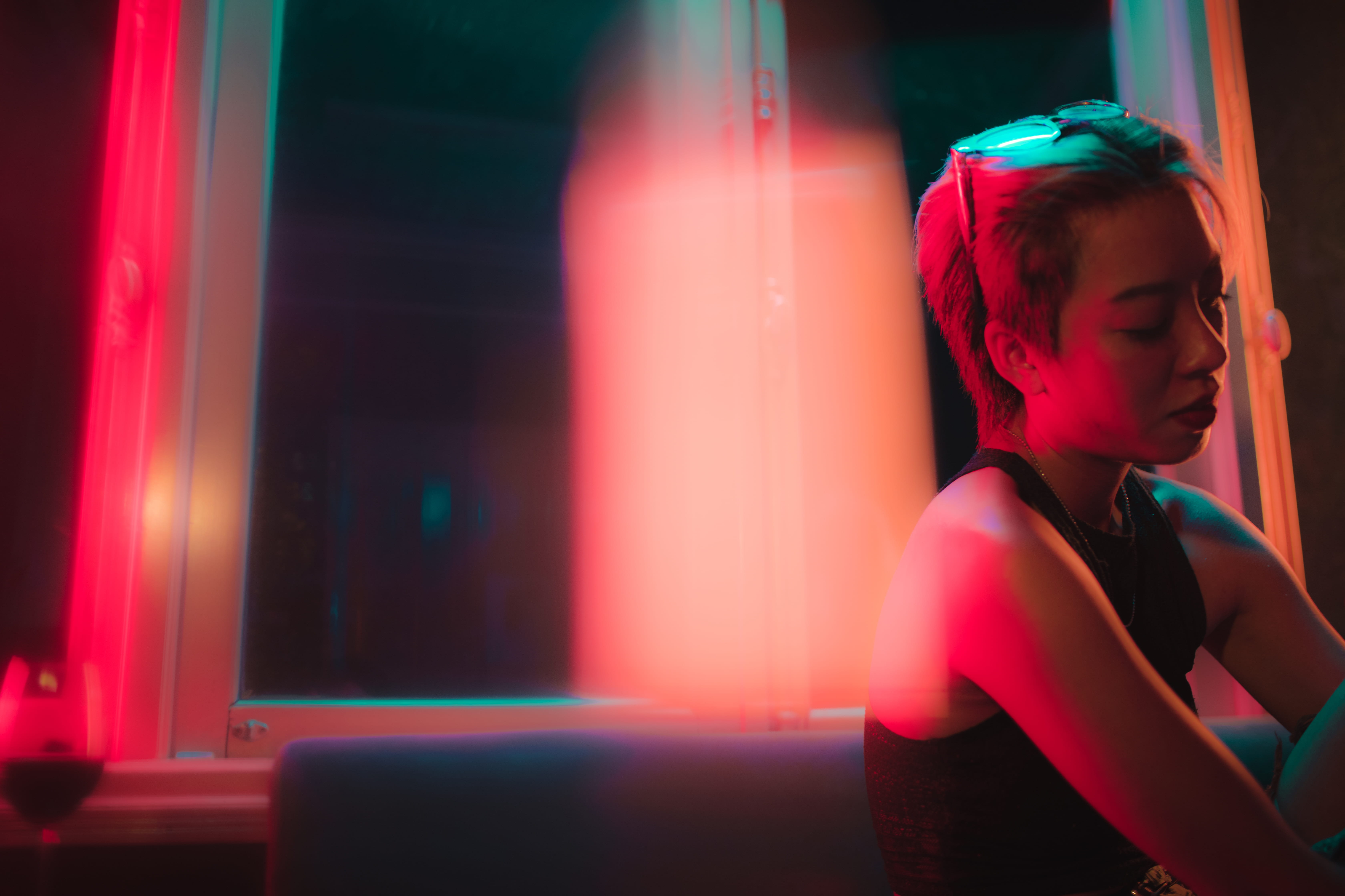 one person, sad, sitting, women, young women, hairstyle, head, arts culture and entertainment, near, headshot, glow, nightlife, side view, leisure activity, HD Wallpaper