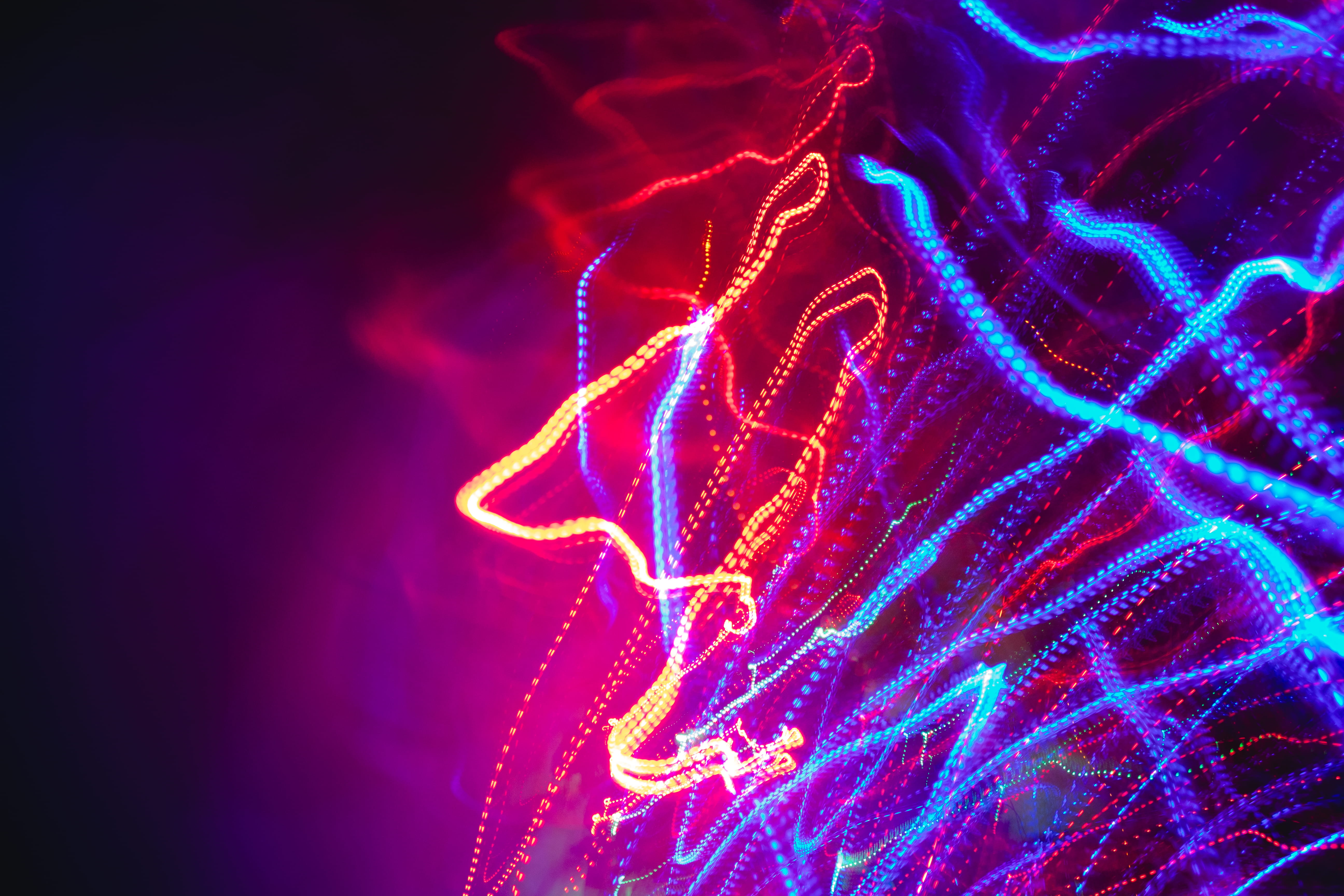 night, 5K, lighting equipment, light, blue, glowing, long exposure, black background, electricity, pattern, led, purple, luminosity, strips, neon colored, HD Wallpaper