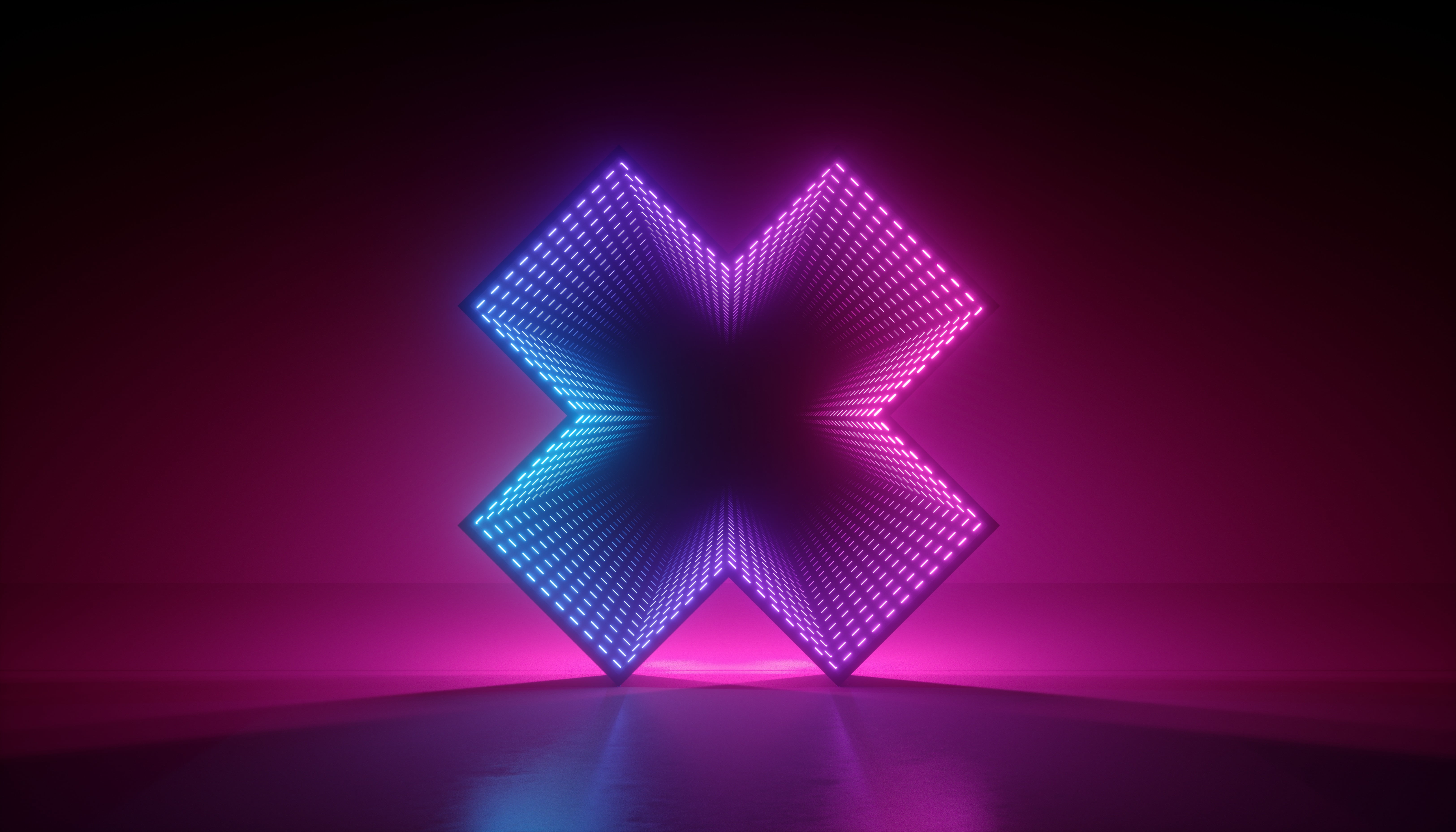 neon, glowing, 3D, pink, minimalism, tunnel, disco, artwork, LEDs, 5K, shapes, blue, gradient, render, abstract, lights, laser, HD Wallpaper