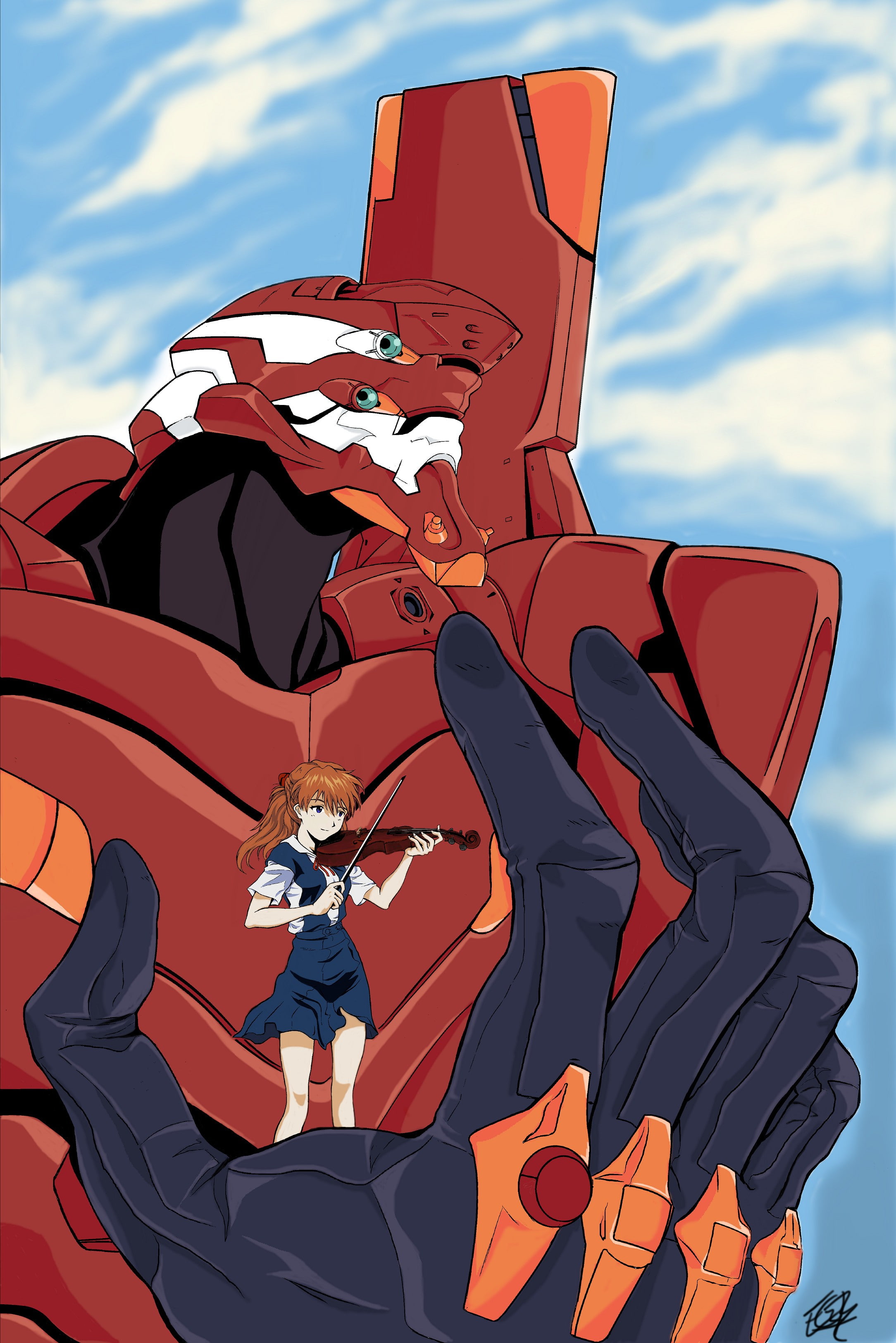 EVA Unit 02, cartoon, mammal, dancing, adult, anime, men, creativity, sky, people, cloud - sky, 2K, celebration, Neon Genesis Evangelion, Asuka Langley Soryu, Phone HD Wallpaper