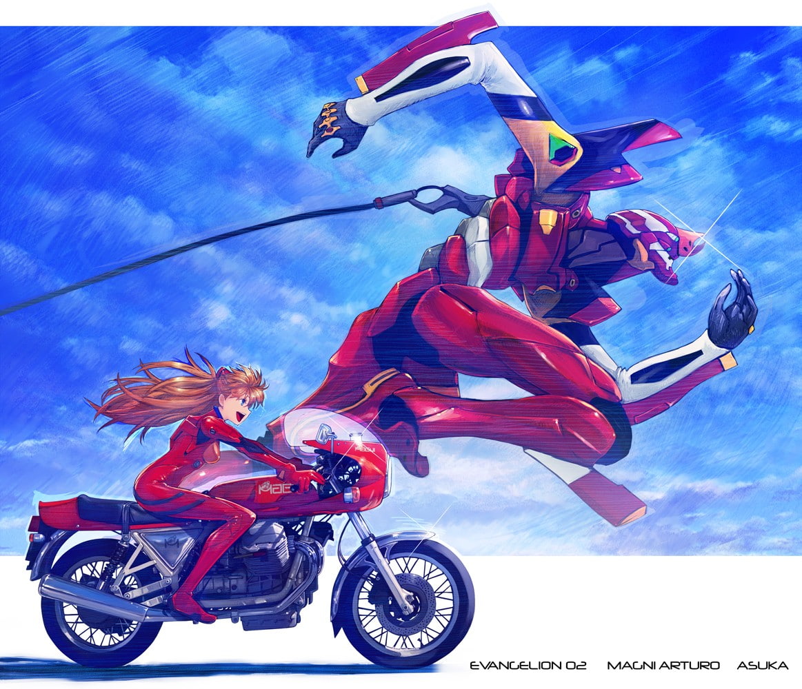 anime, motorcycle, 480P, Neon Genesis Evangelion, Asuka Langley Soryu, EVA Unit 02, HD Wallpaper