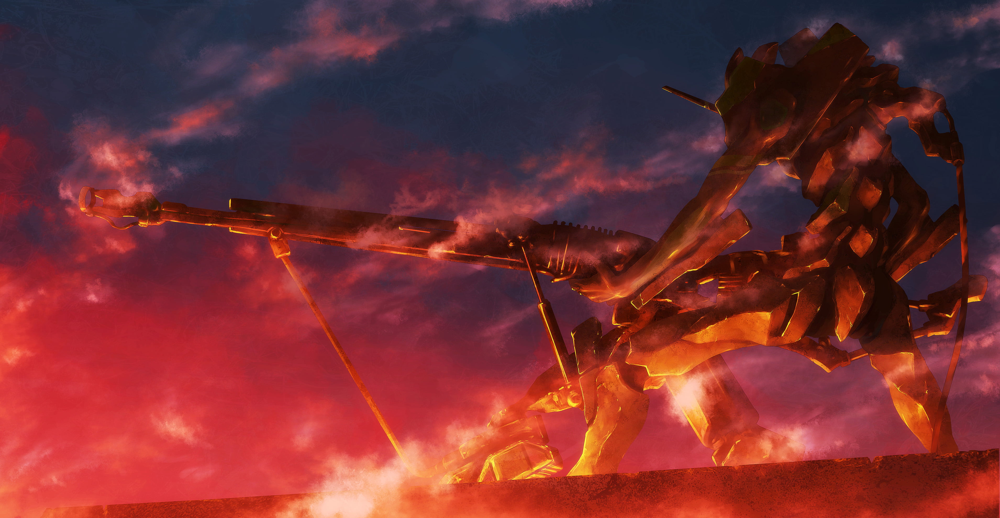 EVA Unit 01, robot, mech, smog, rifles, 2K, Neon Genesis Evangelion, fan art, 2D, sunset, HD Wallpaper