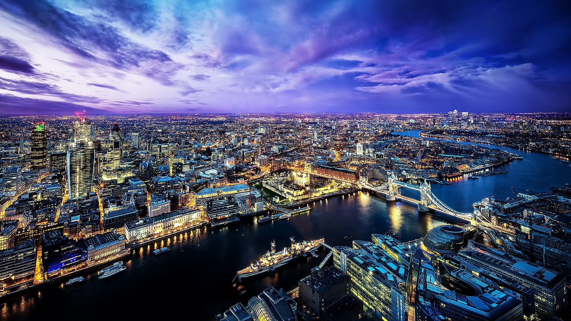 architecture, bridge - man made structure, built structure, water, office building exterior, city, connection, dusk, London, night, 1080P, travel destinations, HD Wallpaper