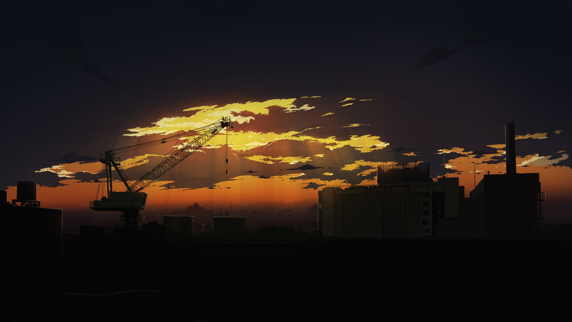 crane - construction machinery, city, cityscape, machinery, dark, building exterior, industry, built structure, orange color, copy space, sky, silhouette, HD Wallpaper