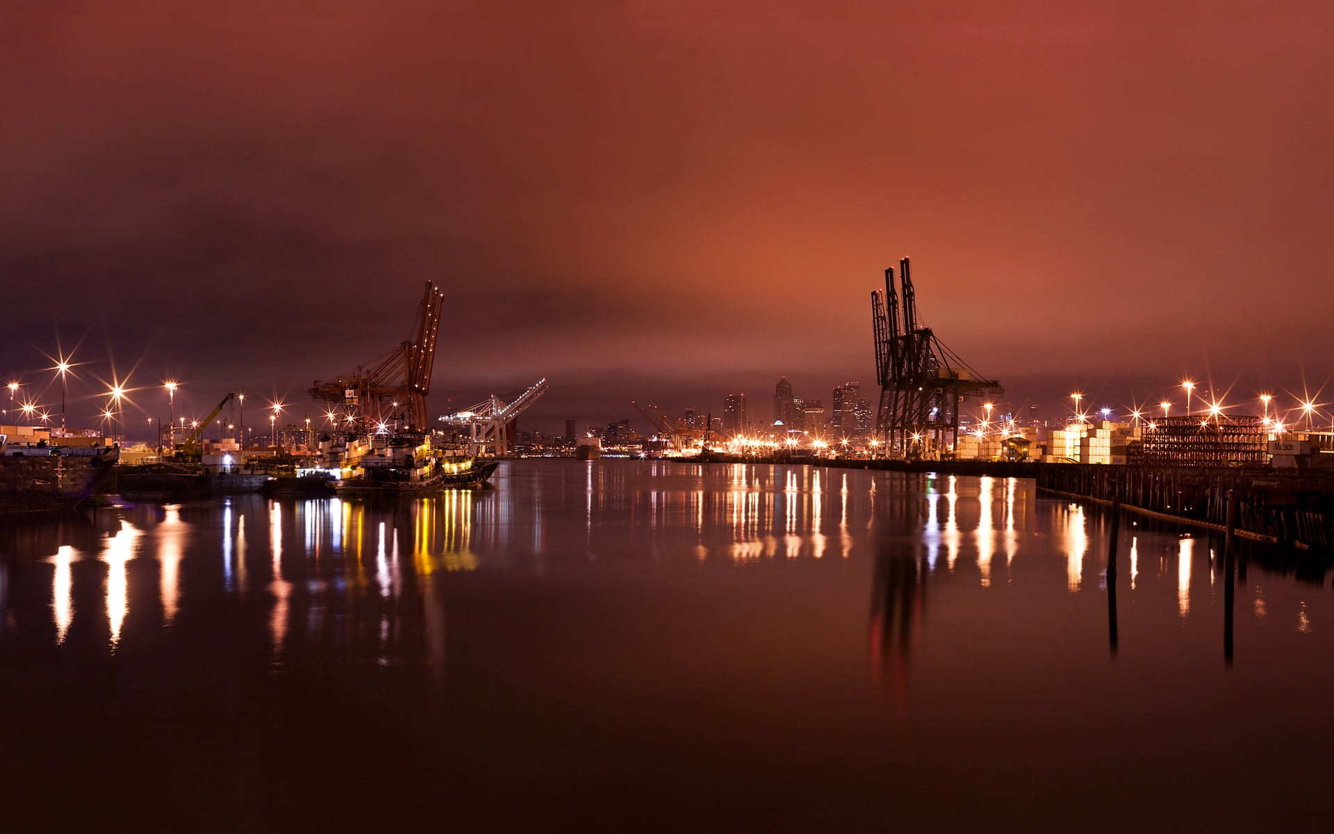waterfront, city, harbor, nature, transportation, water, sea, sky, architecture, built structure, cityscape, illuminated, 1080P, ports, crane - construction machinery, HD Wallpaper