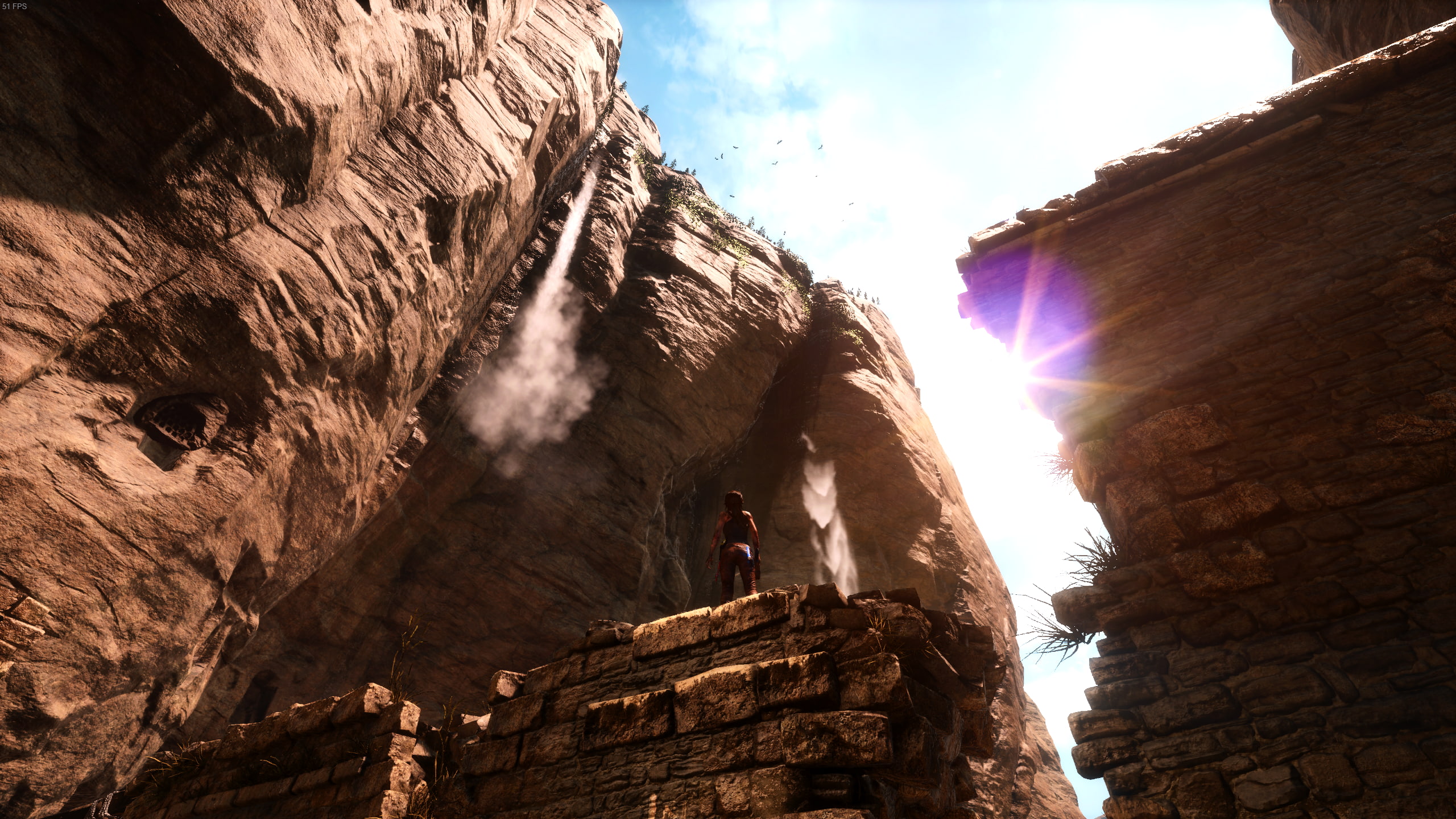 2K, sky, built structure, low angle view, rock formation, rock - object, solid, Rise of the Tomb Raider, sunlight, cloud - sky, physical geography, sunbeam, HD Wallpaper