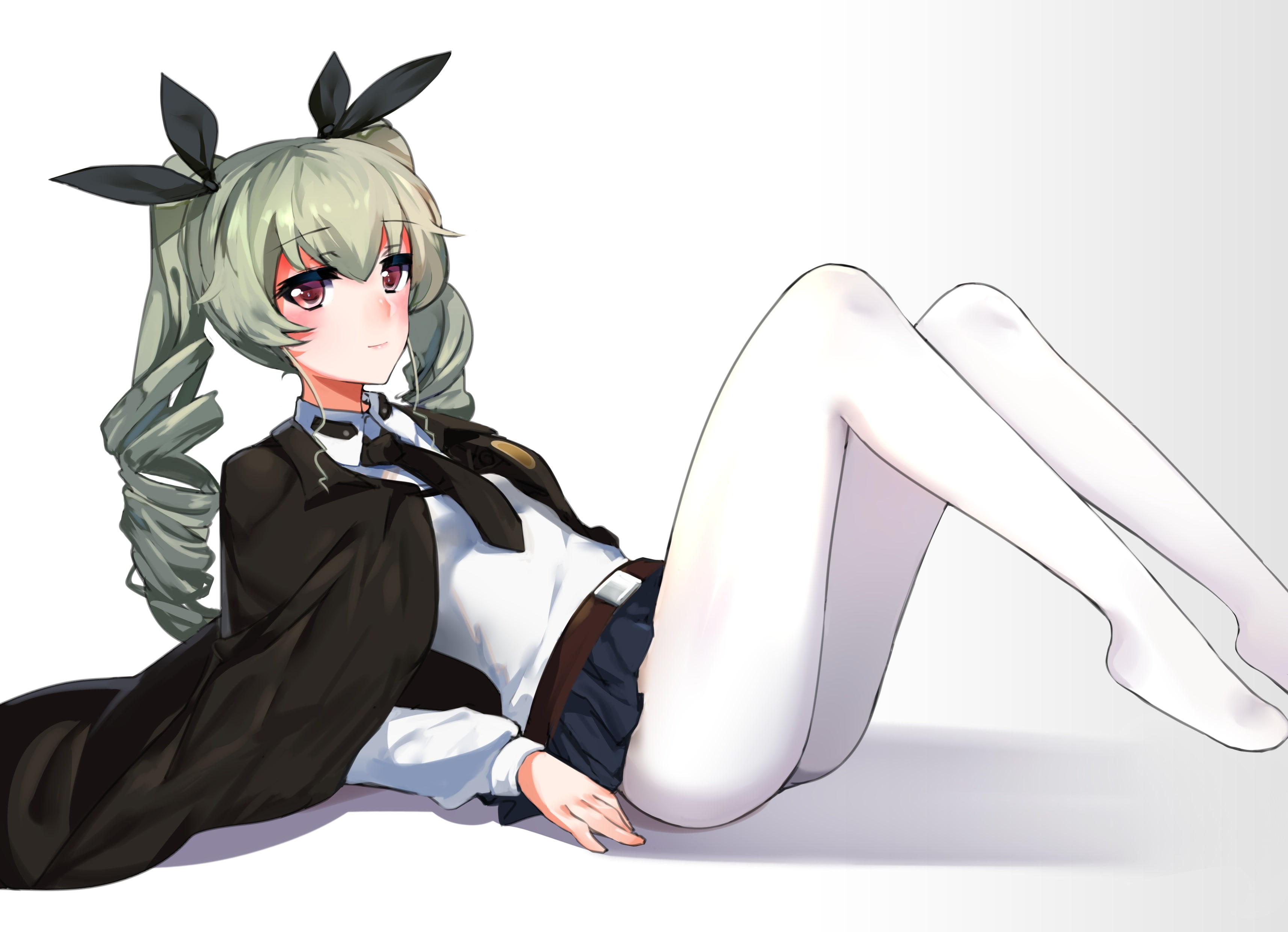 Anime, Green Hair, Girls und Panzer, Skirt, bow (Clothing), 2K, School Uniform, Long Hair, Blush, Twintails, Thigh Highs, Anchovy (Girls und Panzer), Red Eyes, HD Wallpaper