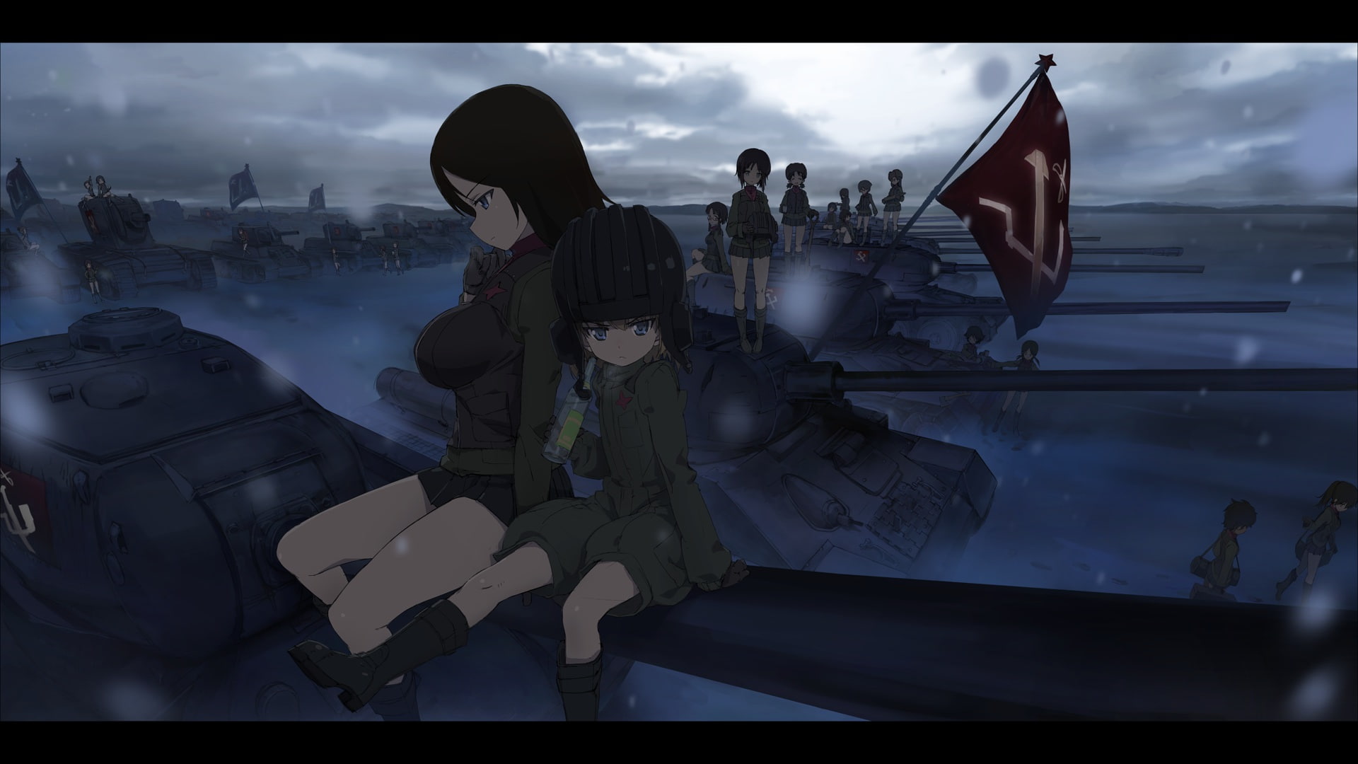 skirt, nonna, drink, boots, marshan, und, katyusha, panzer, snow, dark, 1080P, girls, HD Wallpaper