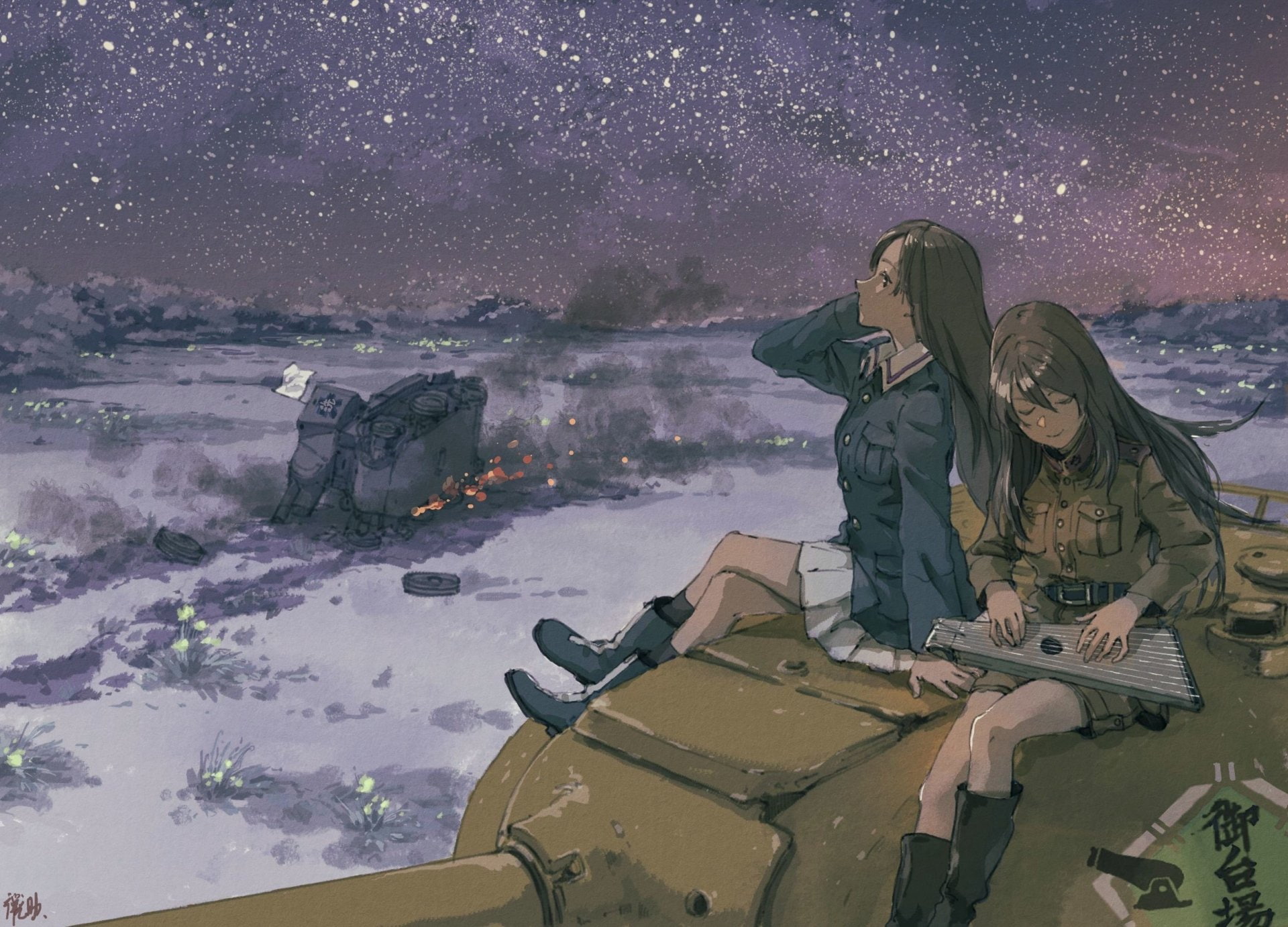 Girls und Panzer, Night, Wreck, Tank, Anime, Mika (Girls und Panzer), Snow, 1080P, HD Wallpaper