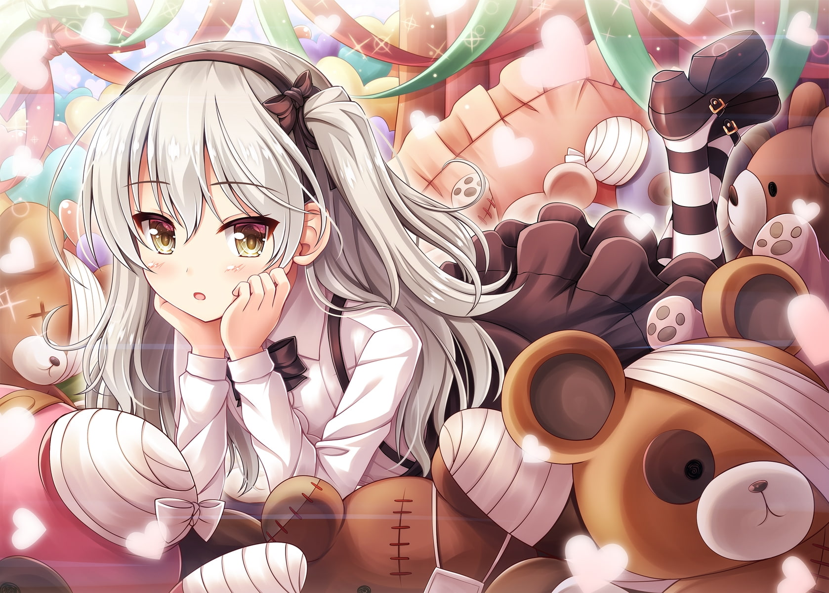 still life, human representation, shimada arisu, cup, creativity, collection, indoors, representation, silver hair, variation, headband, 720P, teddy bears, HD Wallpaper