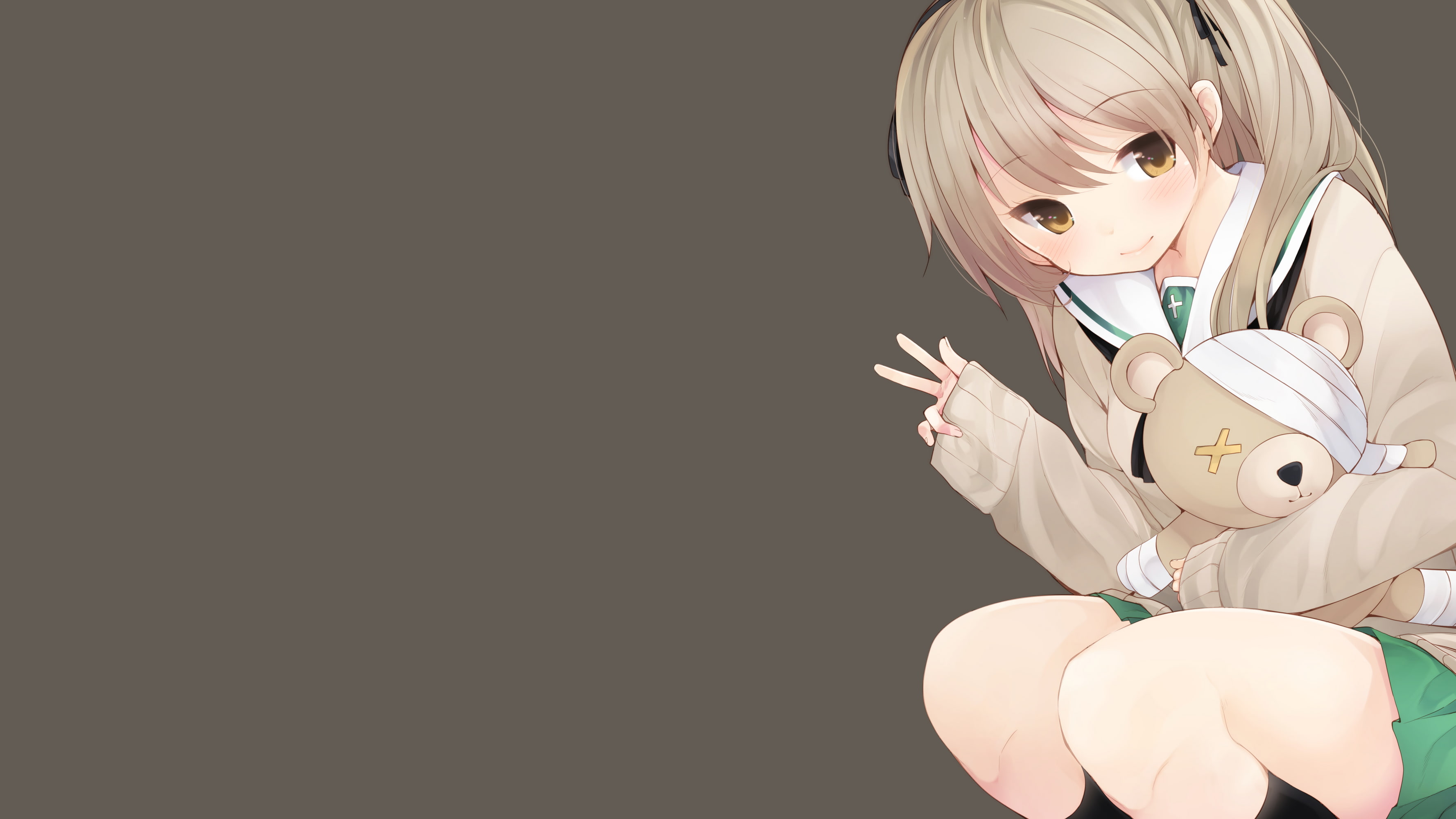 representation, Anime, 2K, black background, women, child, blond hair, shimada arisu, innocence, teddy bear, girls, hair, front view, studio shot, indoors, HD Wallpaper