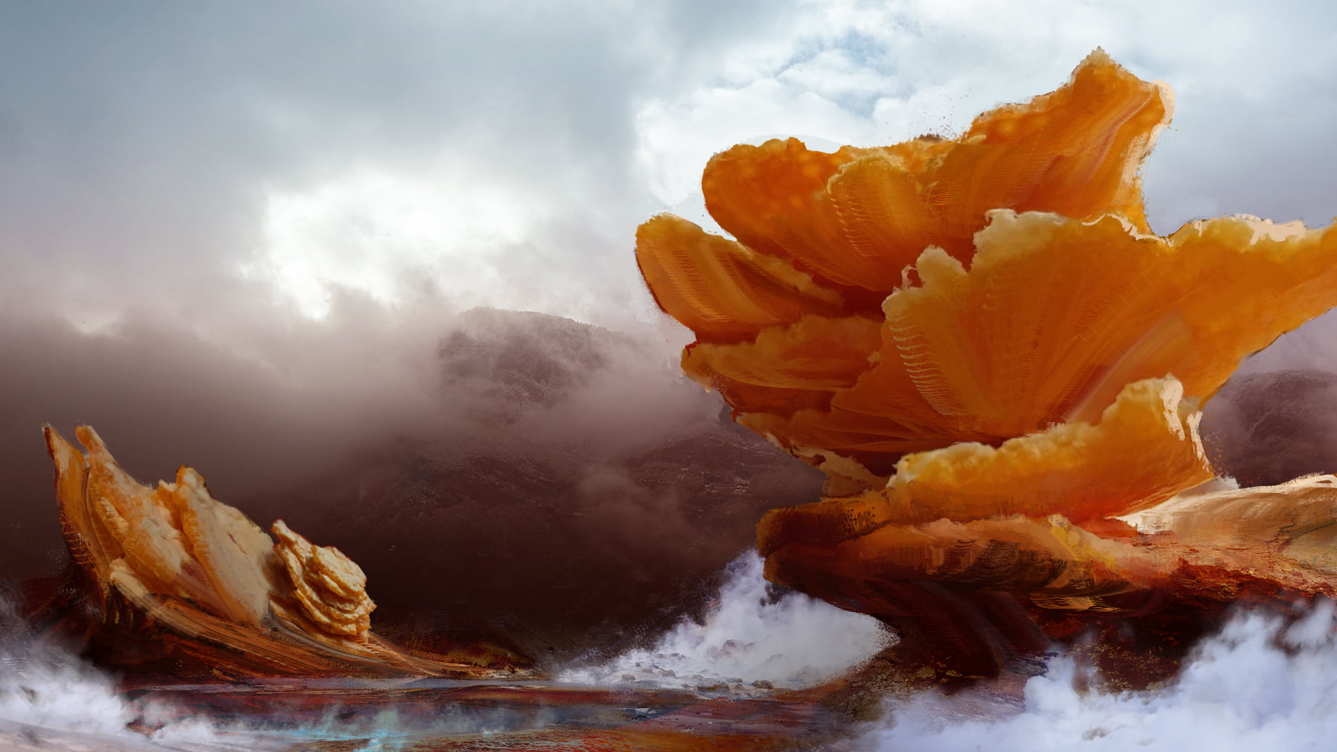 Guillaume Hochart, mushroom, 1080P, orange, digital, painting, smoke, HD Wallpaper