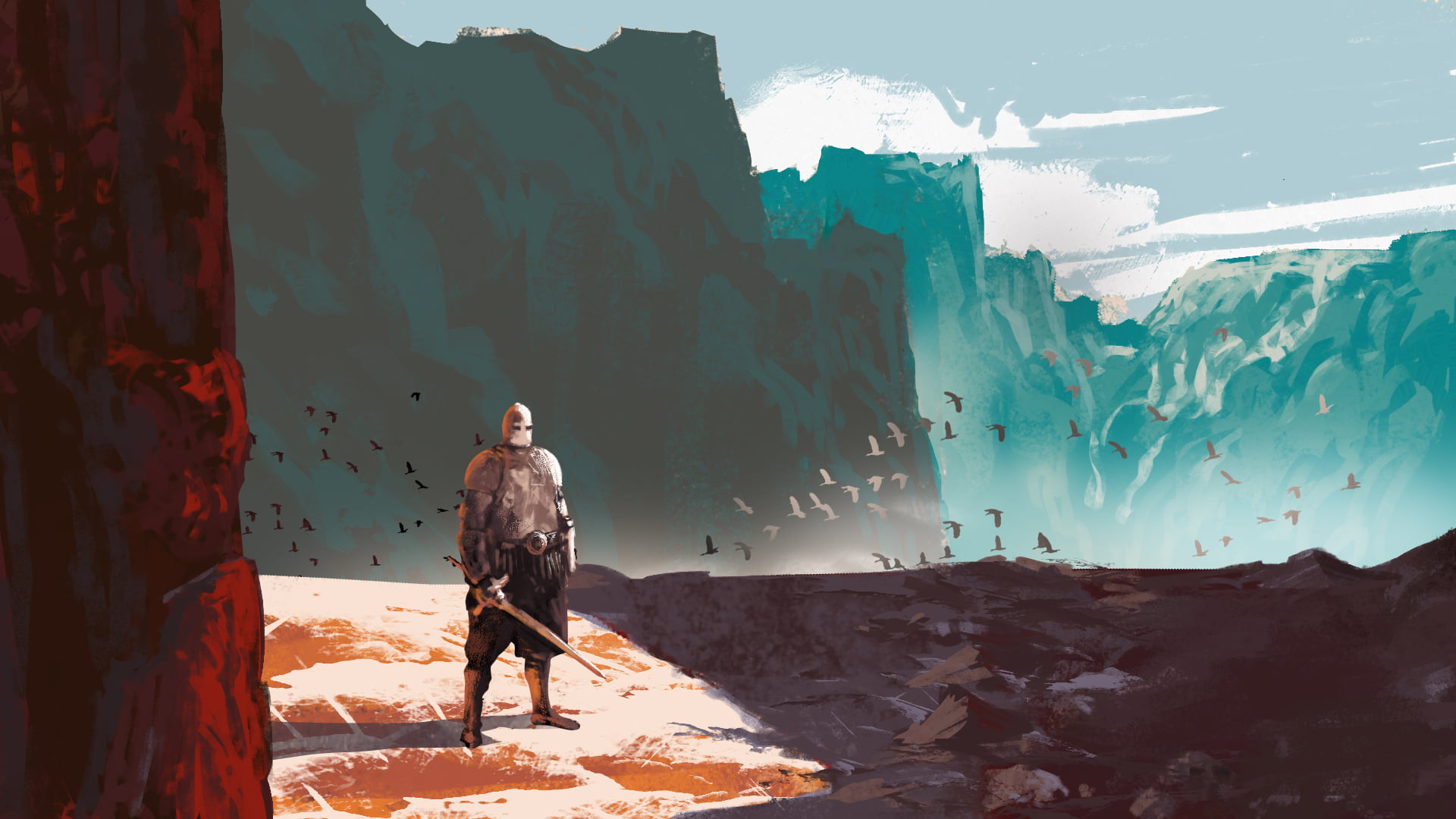 1080P, digital painting, Guillaume Hochart, knight, landscape, seagulls, cliff, HD Wallpaper