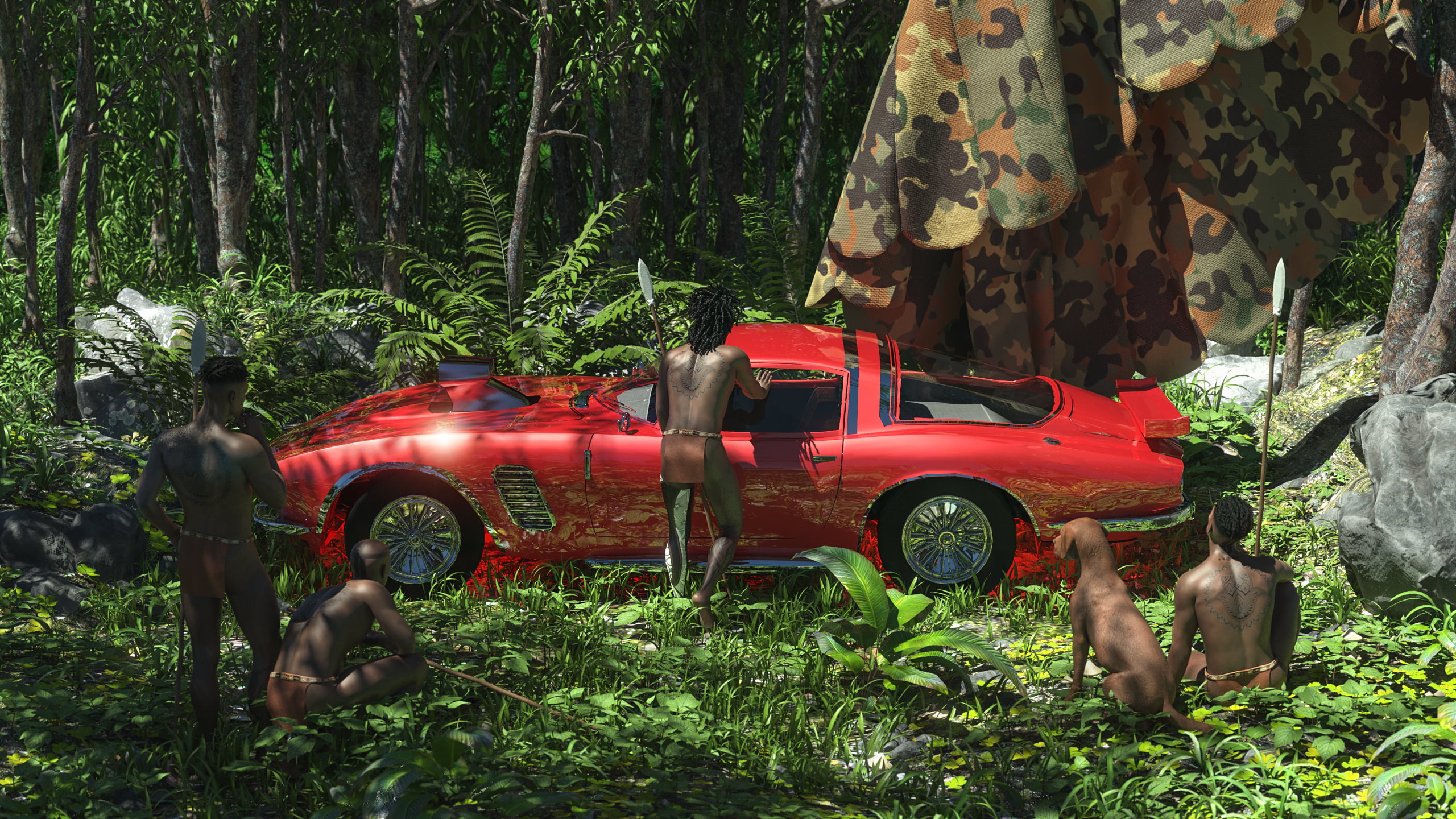 plants, spear, 2K, tribe, 3D, green, muscle car, rocks, tribesmen, render, parachutes, dog, car, CGI, jungle, wood, red, Daz 3D, forest, trees, HD Wallpaper