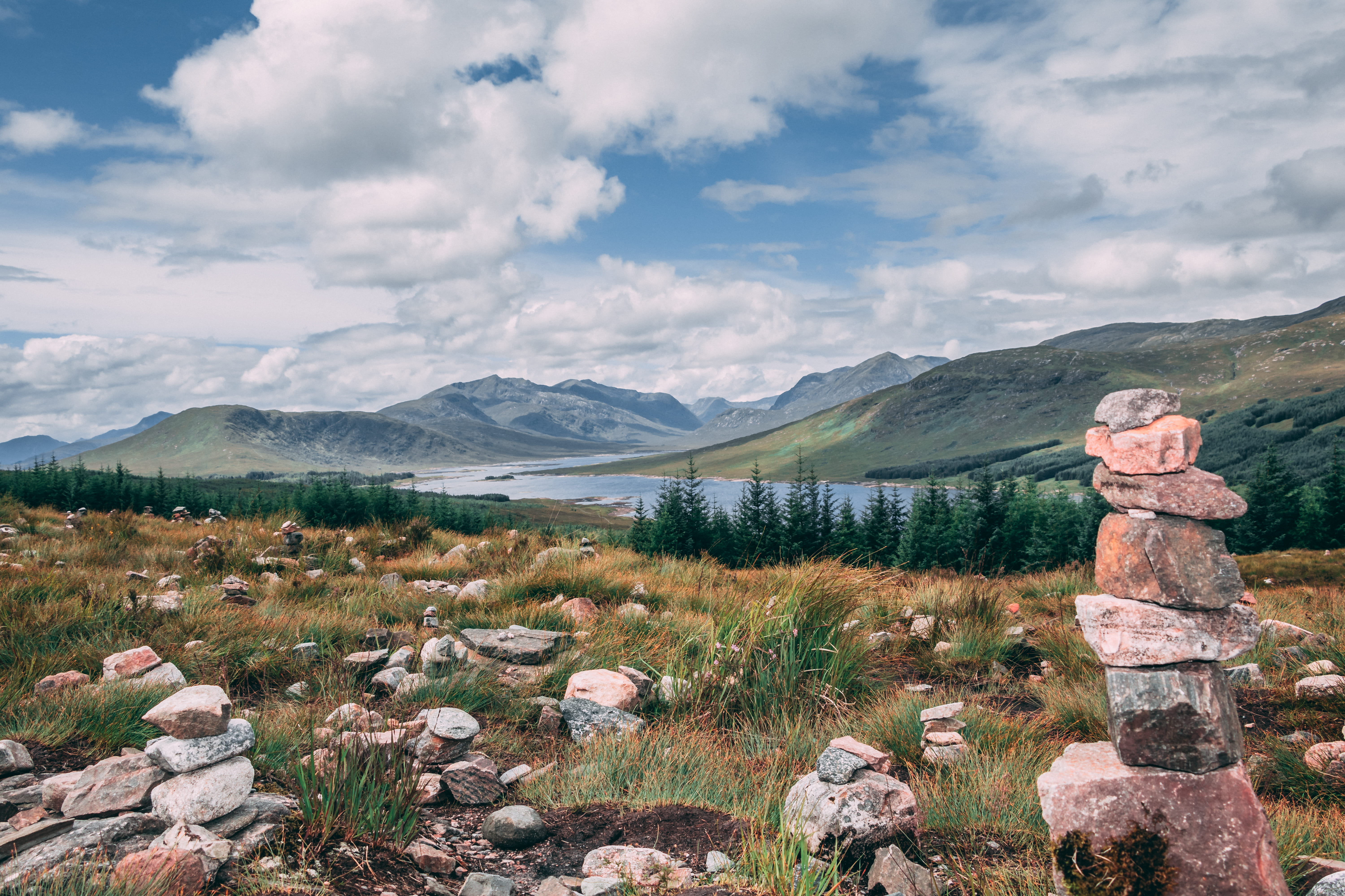 united kingdom, scottish highlands, rock, no people, loch, fort augustus, trees, non-urban scene, solid, field, tranquil scene, 5K, stonetowers, day, lake, HD Wallpaper