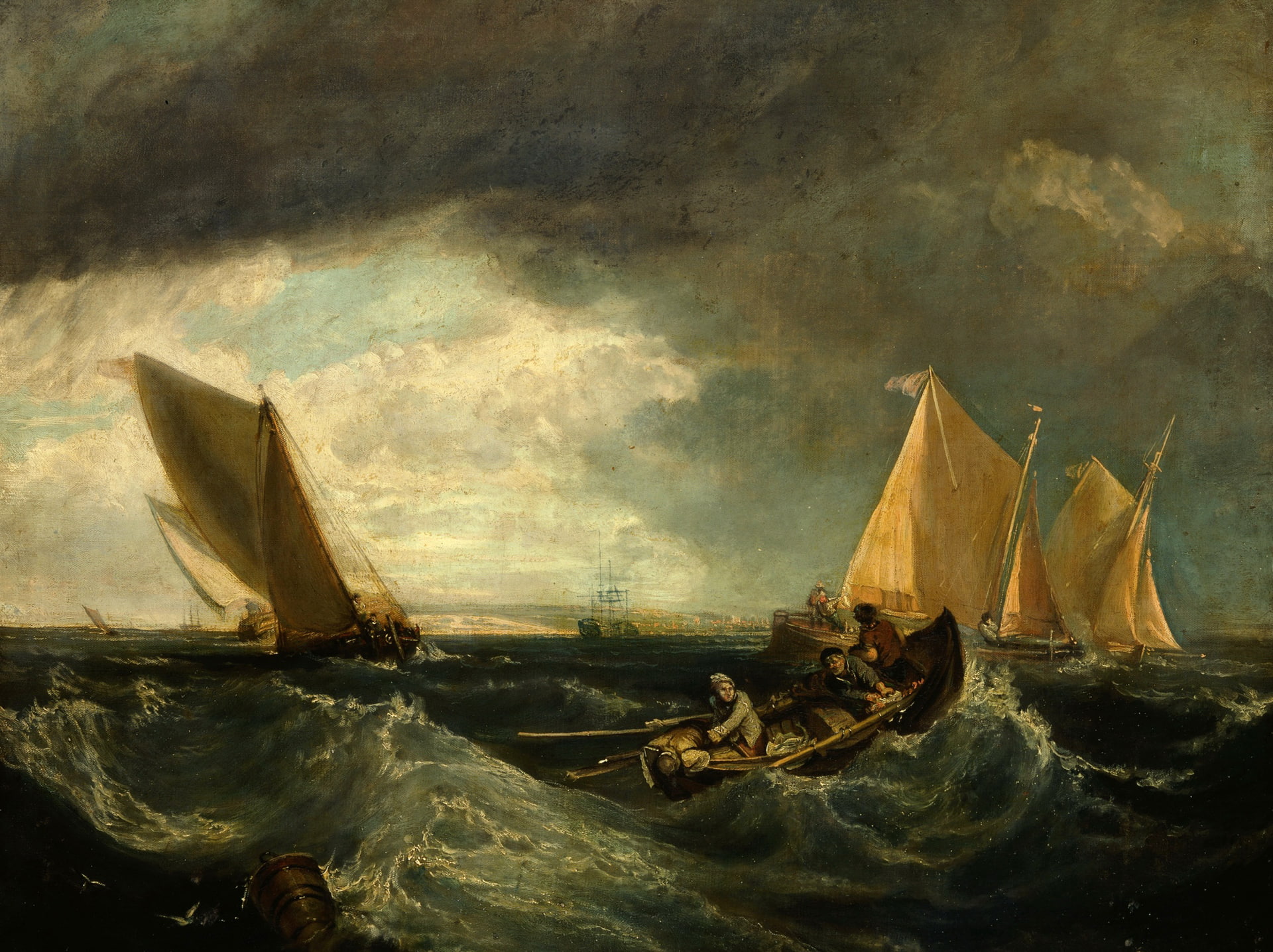 Augustus Wall Callcott, sea, wave, landscape, Sheerness and the Isle of Sheppey, storm, picture, people, sail, boat, the sky, 1080P, HD Wallpaper