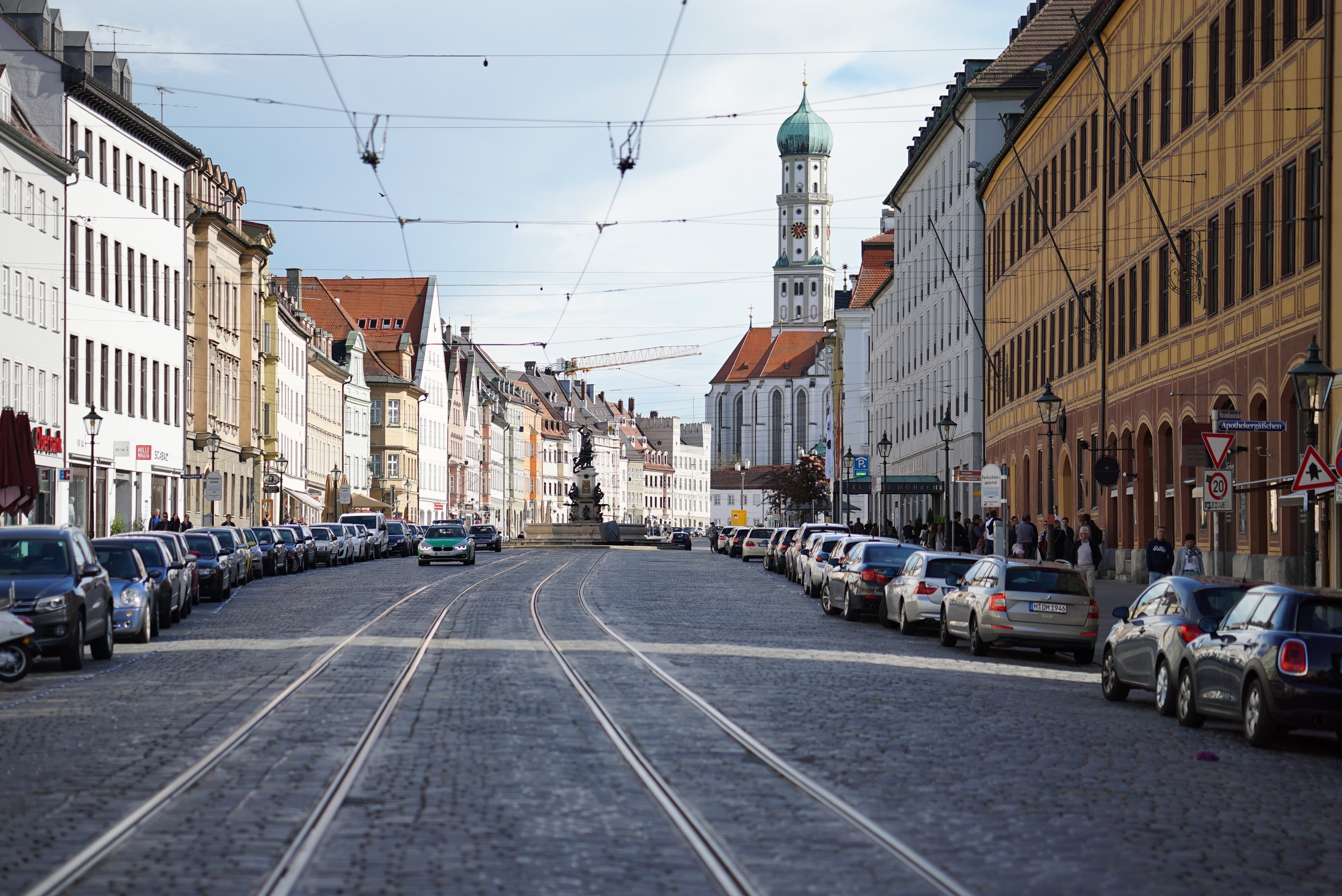 track, germany, castle, bronze, street, outdoors, sky, residential district, city street, augsburg, high castle, bavaria, moritzplatz, symbol, monument, HD Wallpaper