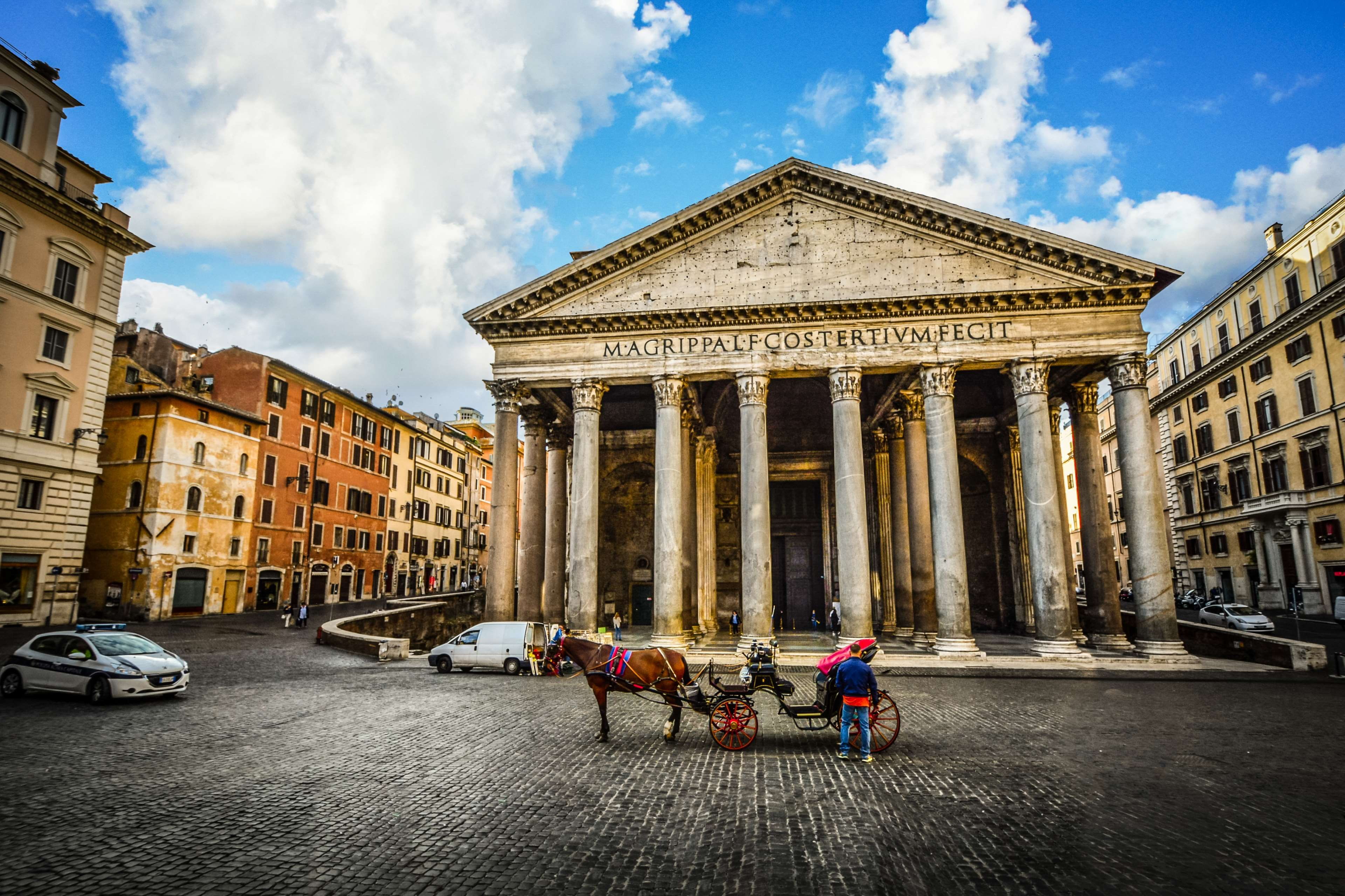 built structure, travel destinations, tourism, landmark, car, columns, piazza, roman, square, group of people, mode of transportation, famous, 4K, morning, HD Wallpaper