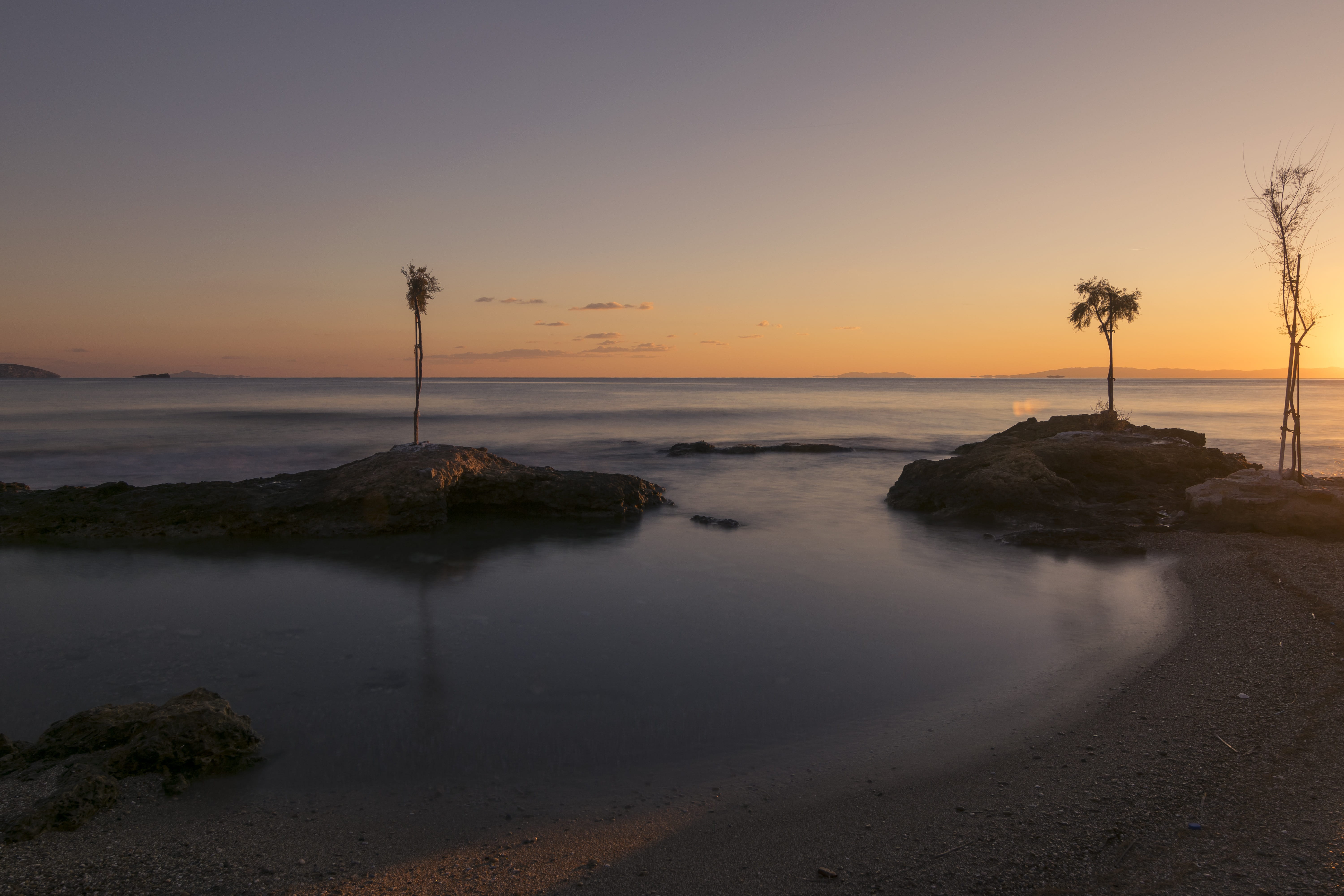 idyllic, vacation, evening, beach, mood, orange color, greece, sky, land, plant, tropical, beauty in nature, landscape, no people, water, reflection, trees, HD Wallpaper