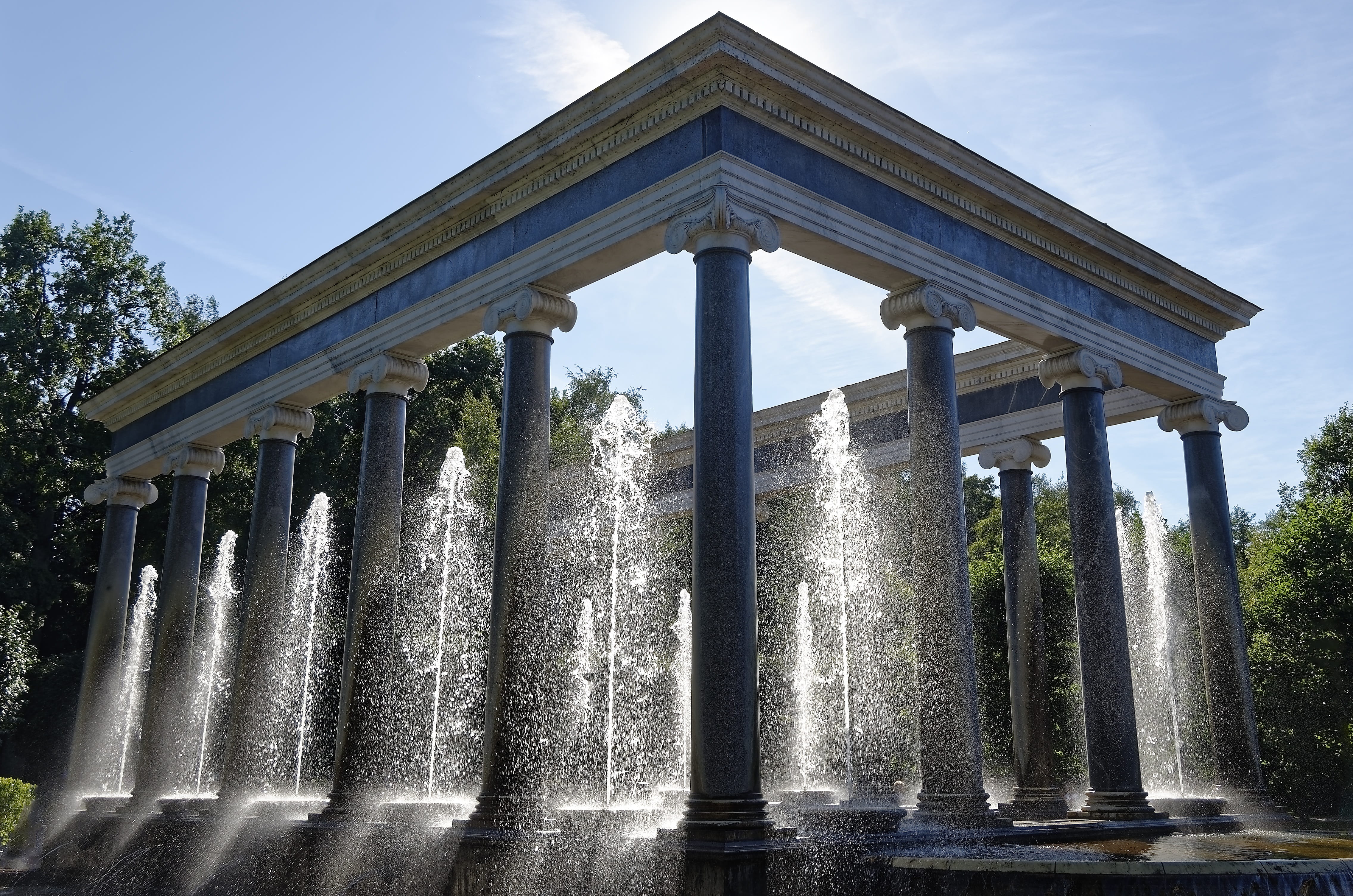 day, peterhof, outdoors, no people, lion-cascade, travel, sankt petersburg, sky, colonnade, low angle view, city, architectural column, tourism, 4K, pillar, HD Wallpaper