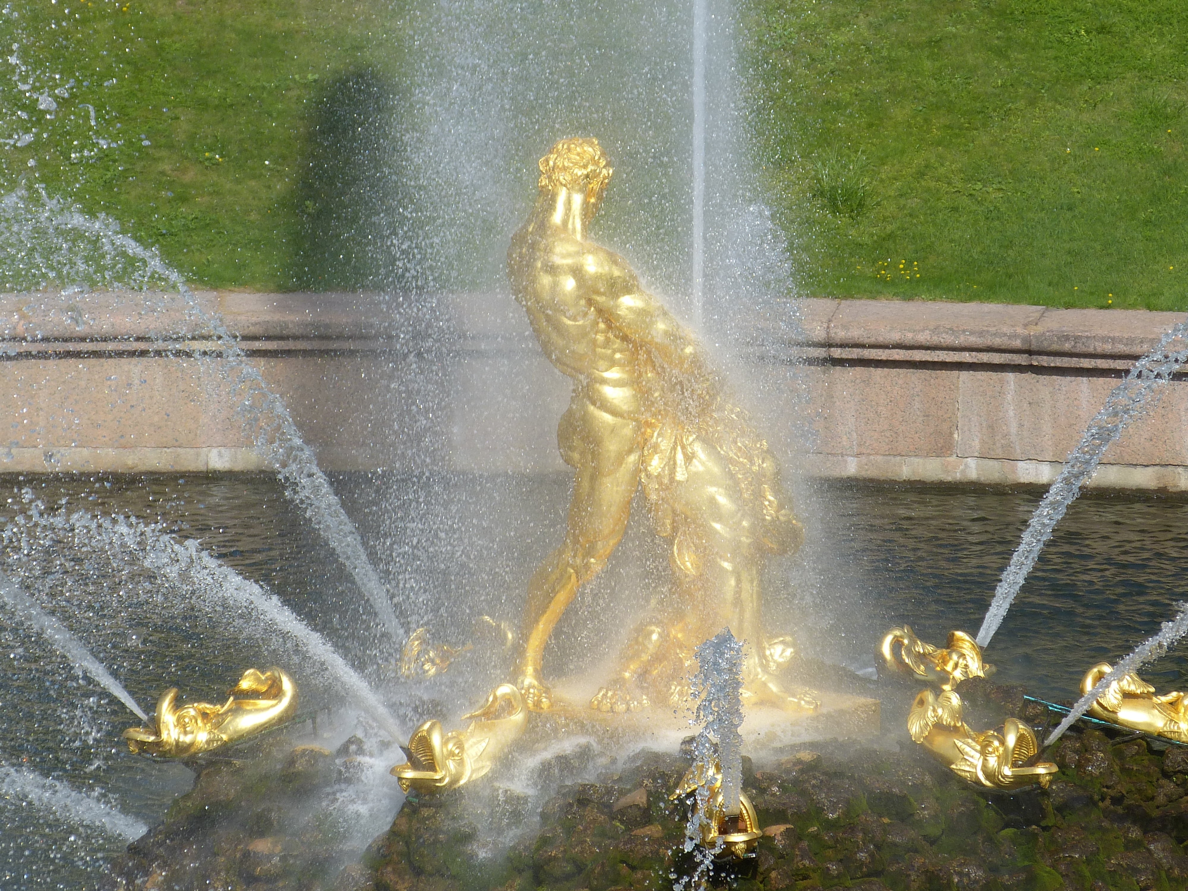 flowing, golden, historically, art and craft, representation, architecture, day, sankt petersburg, petersburg, built structure, russia, sea god, flowing water, HD Wallpaper